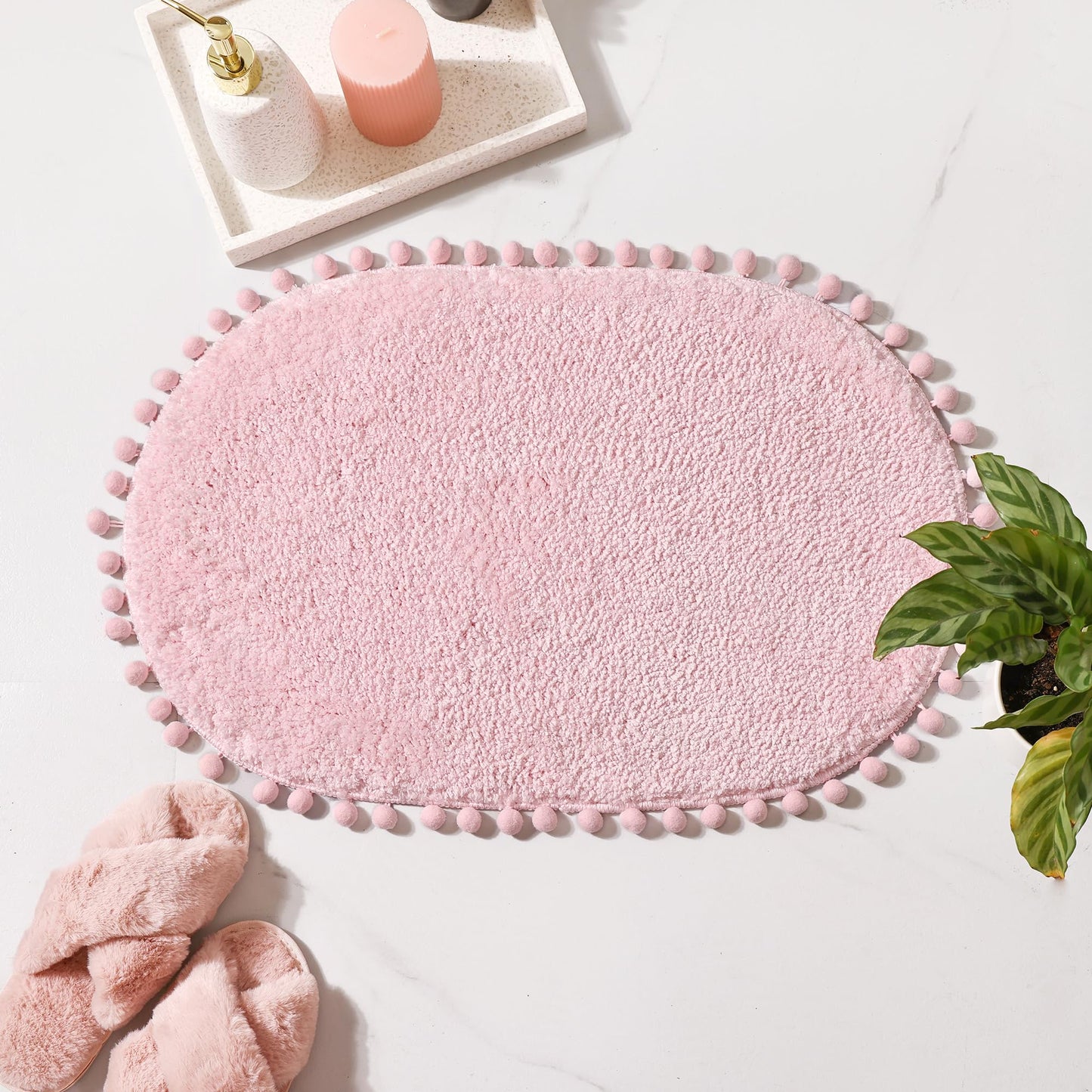 YIRDDEO Bath Mat Pink Rug with Pom Oval Bathroom Rugs for Bedroom Non Slip Cute Boho Absorbent Mats Soft Plush Washable Rug (20 x 30 inches)