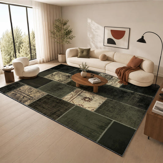 Nayoroom Modern Abstract Sega Green Distressed 8x10 Area Rug, Soft Faux Wool Washable Non-Slip Stain Resistant Rug, Geometric Patchwork Modern Design Rug for Living Room Bedroom.