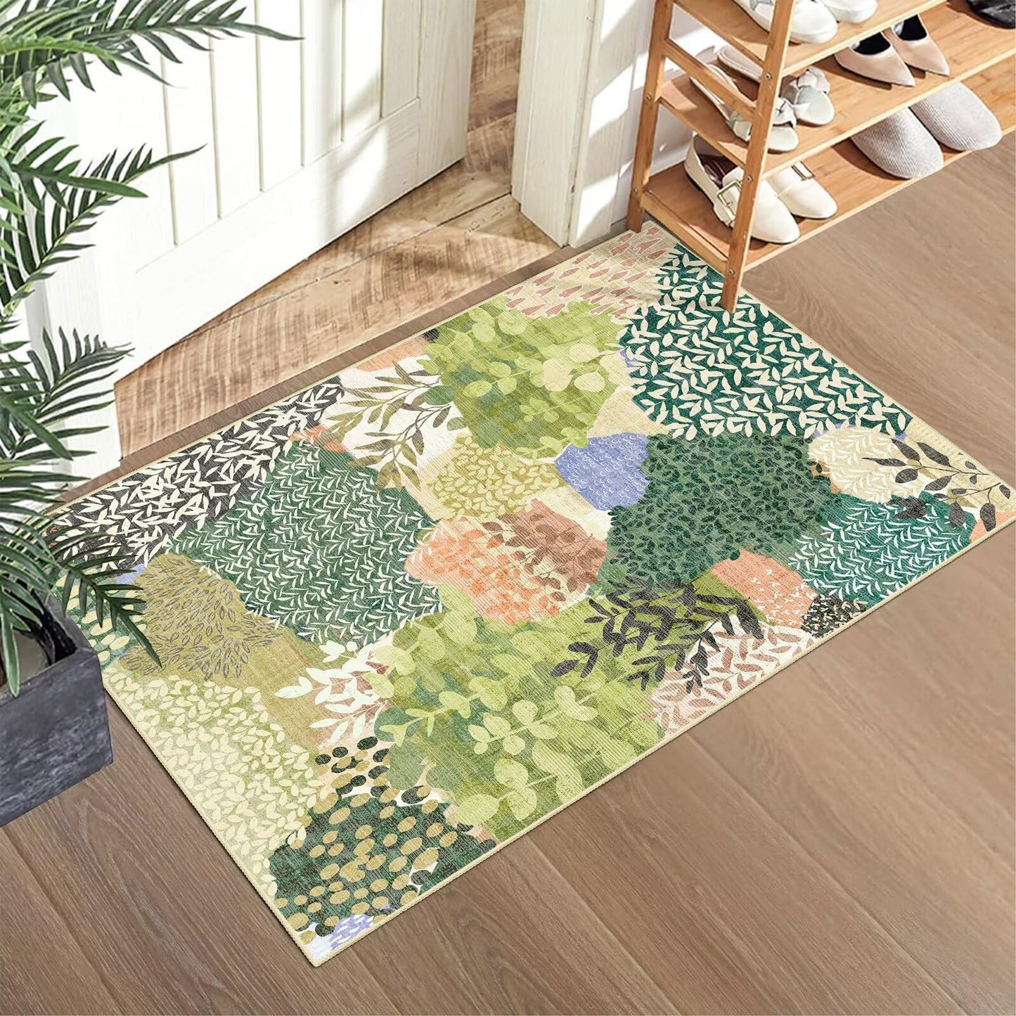 DEXDE 2x3 Area Rug, Small Boho Rugs Entryway Doormat Indoor Machine Washable Non-Slip Abstract Botanical Leaves Floral Print Floor Carpet for Living Room, Bedroom, Office, Kids Playroom,Green