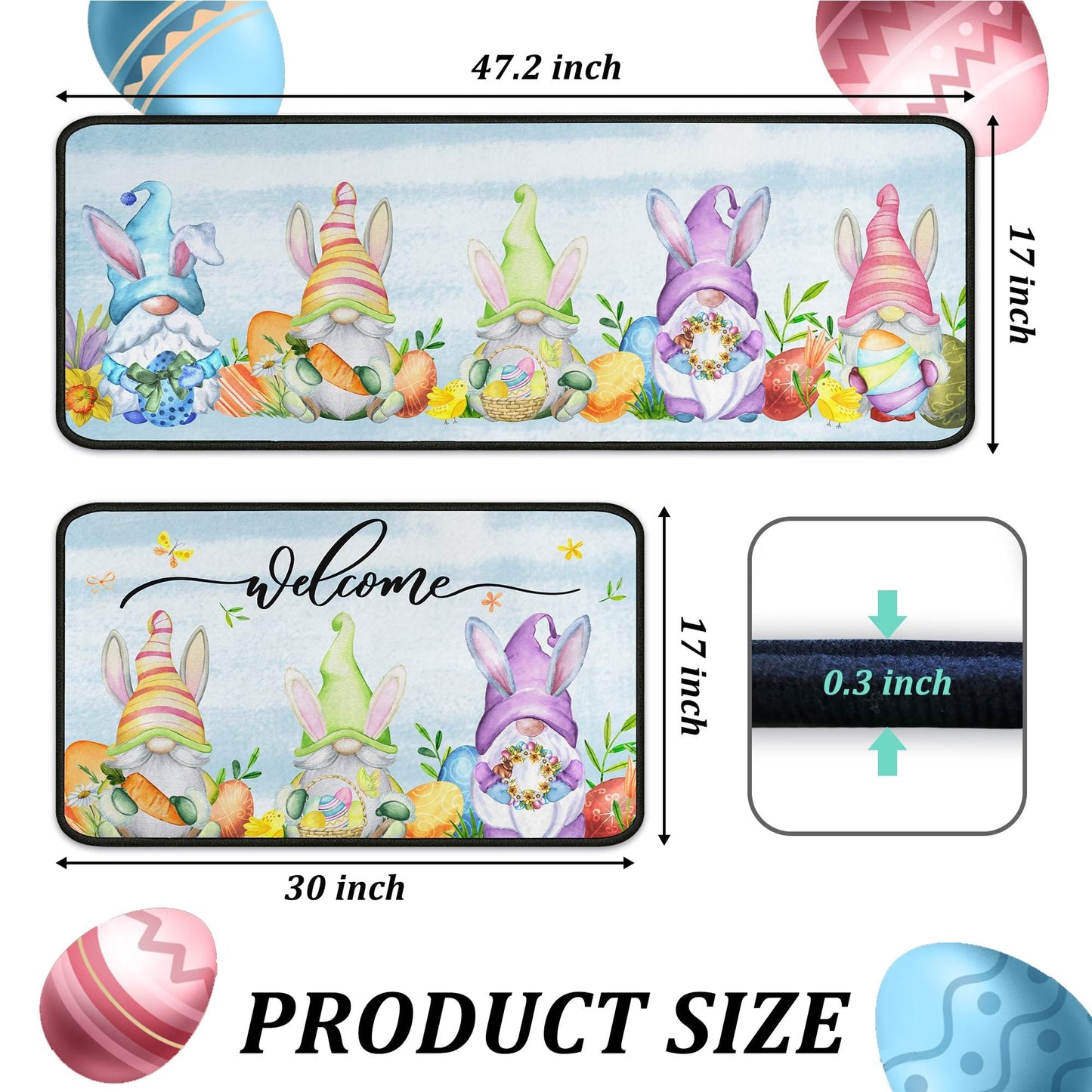 flippana Easter Kitchen Rugs and Mats for Floor Non-Slip Backing Easter Gnome Mat Easter Decorations for Home Welcome Spring Kitchen Rug Sets with Runner (Happy Easter 06, 17"x47.2"+17"x30")