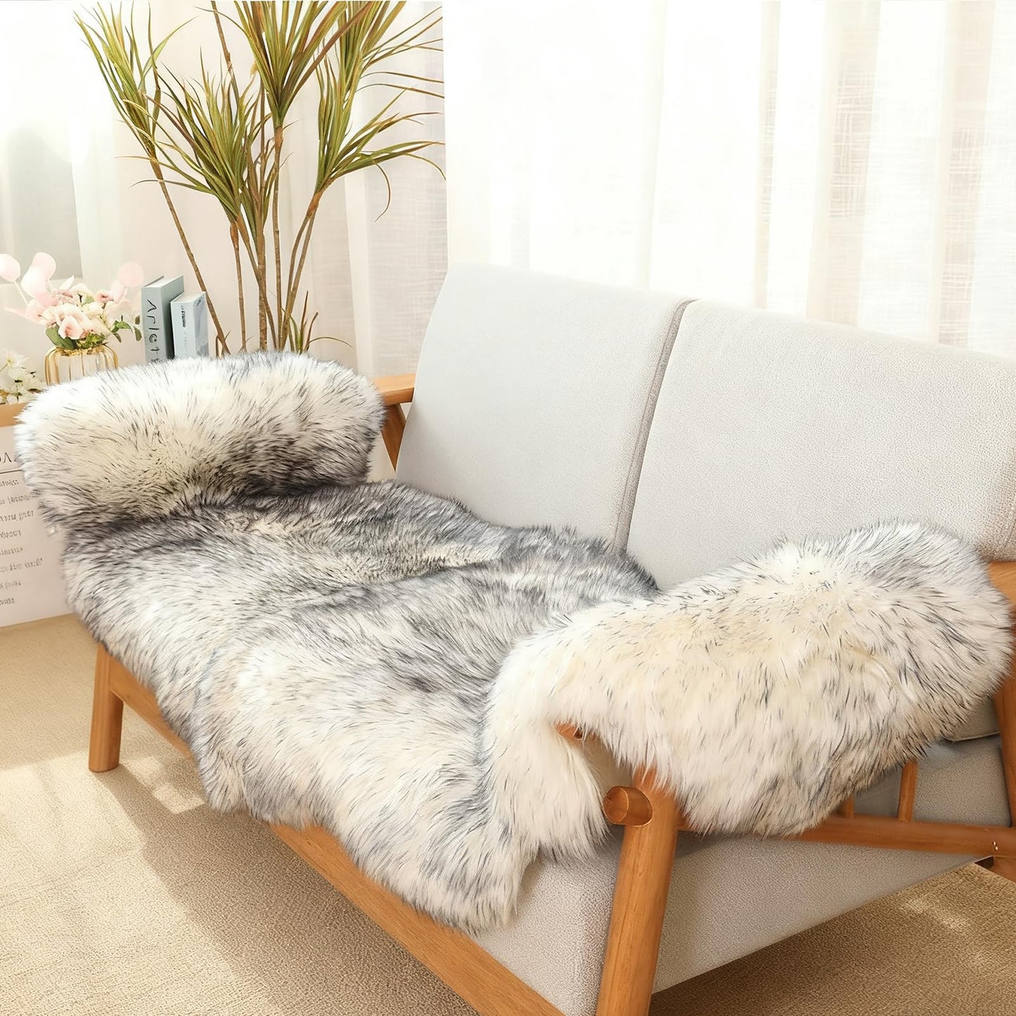 Genuine Sheepskin Rug with Little Patches-Real Wool Throw Carpet Pad for Bedroom Floor Living Room Sofa Fur(Wolf Tipped, 2FT×6FT Patchwork)