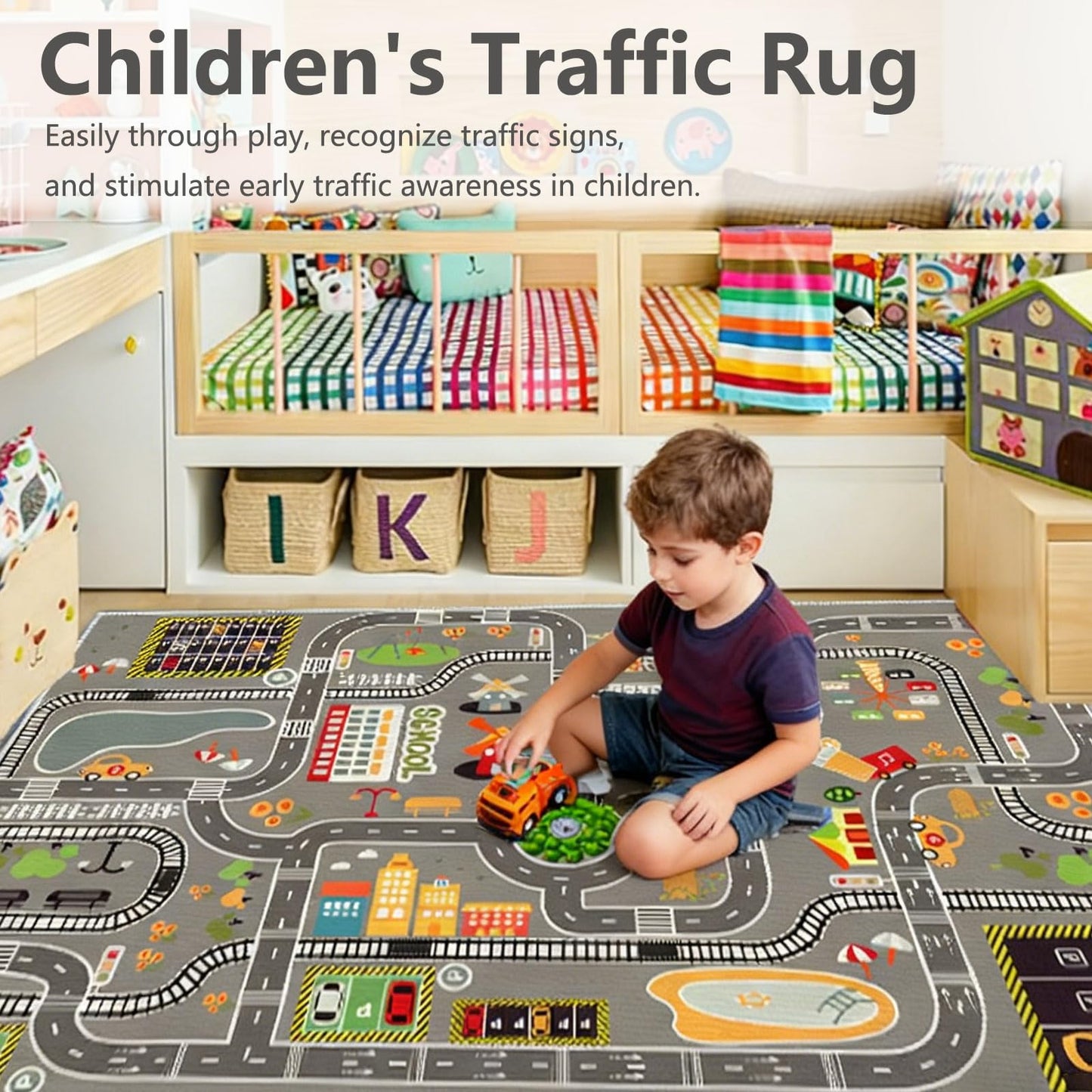 Car Rug Play Mat Road Rug,Kids Carpet Playmat Rugs City Life Great for Playing with Cars and Toys,Children Educational Race Track Rugs with Non-Slip Rubber Backing for Playroom Bedroom Classroom
