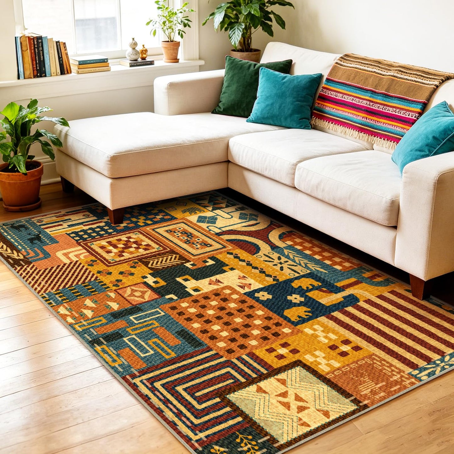 Quntue Easy Jute Front Porch Rug 3x5 Washable Farmhouse Patchwork Tan Rugs for Entryway Non Slip Southwestern Boho Indoor Outdoor Carpet for Patio, Kitchen, Bedroom, Entrance