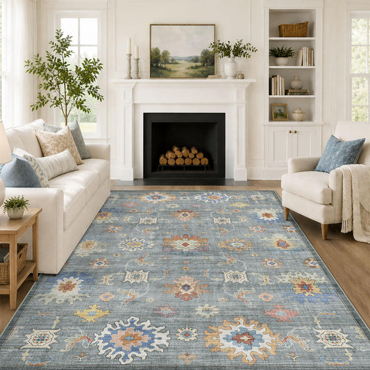 BLISSA Washable 5x7 Area Rug - Soft Oriental Oushak Print Bedroom Rug Gray Green Multi Non-Slip Ultra-Thin Distressed Boho Vintage Carpet for for Living Room Dining Room Nursery Playroom Home Office