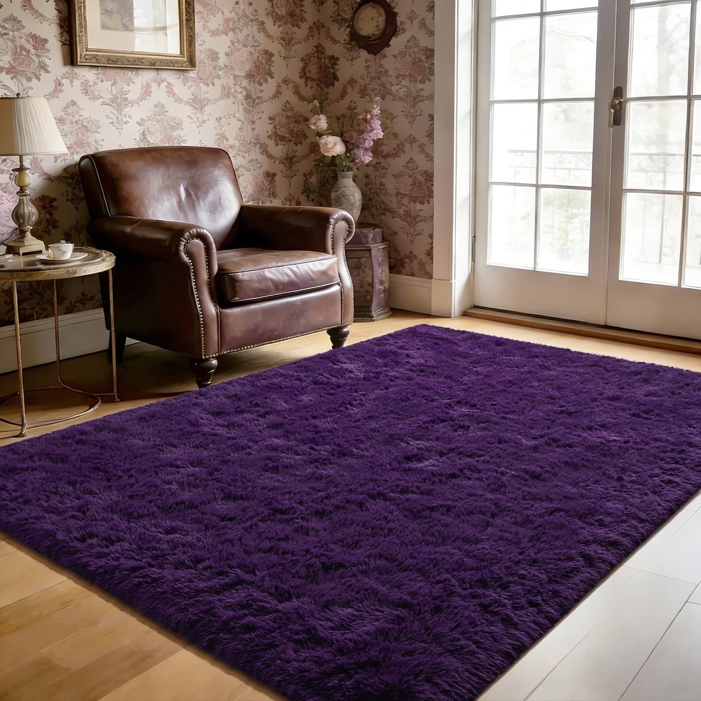 Rtizon Shag Area Rug for Bedroom, 4x6 Feet Fluffy Rugs for Girls Boy's Bed Bedside, Plush Carpet with Non-Slip Bottom for Living Room Office Dorm Nursery Room, Dark Purple