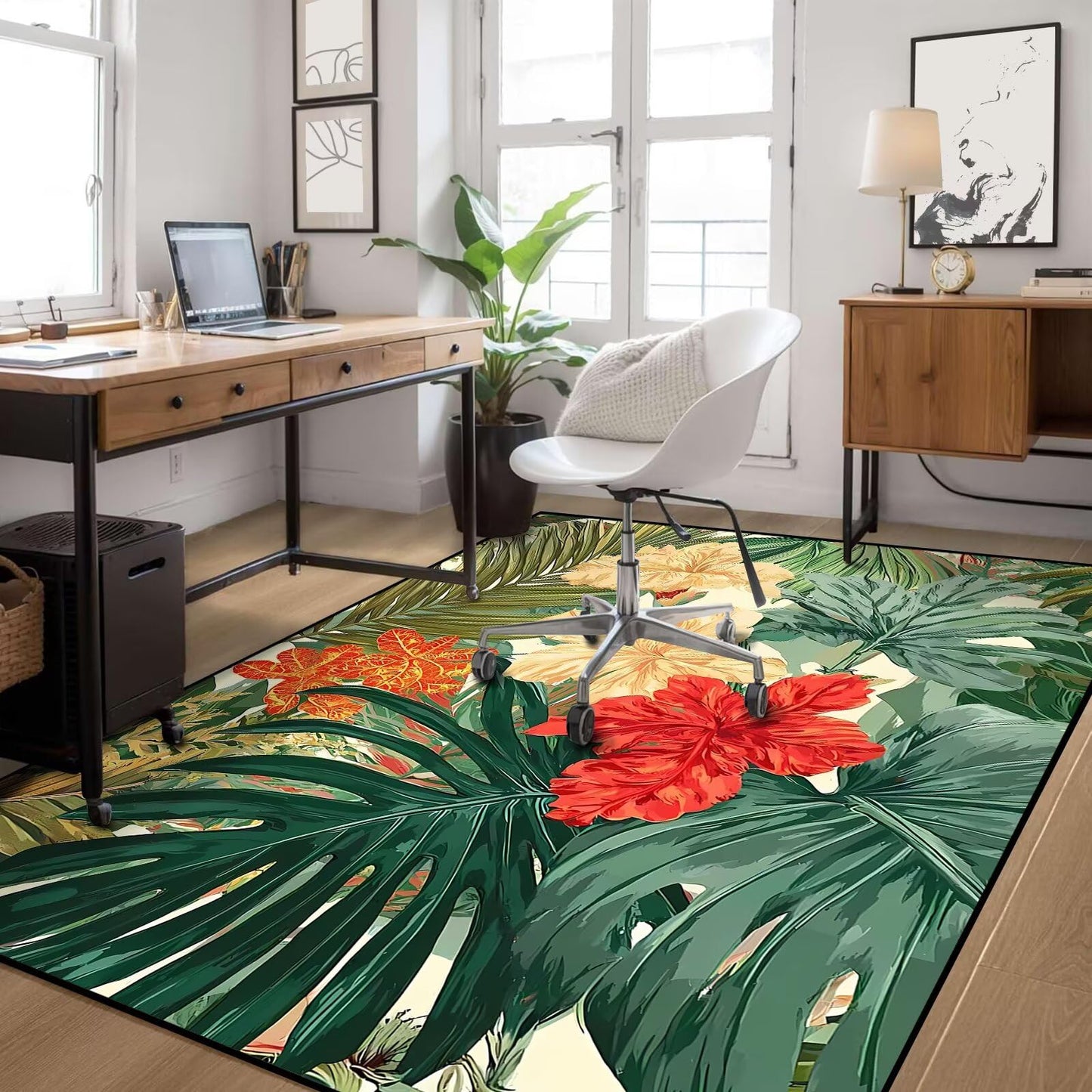 DJNEAR 5' x 7' Tropical Hawaiian Plant Area Rug Palm Leaf Hibiscus Living Room Carpet Nature Forest Floor Mat Doormat for Kids Dining Room Bedroom Playroom Laundry Nursery