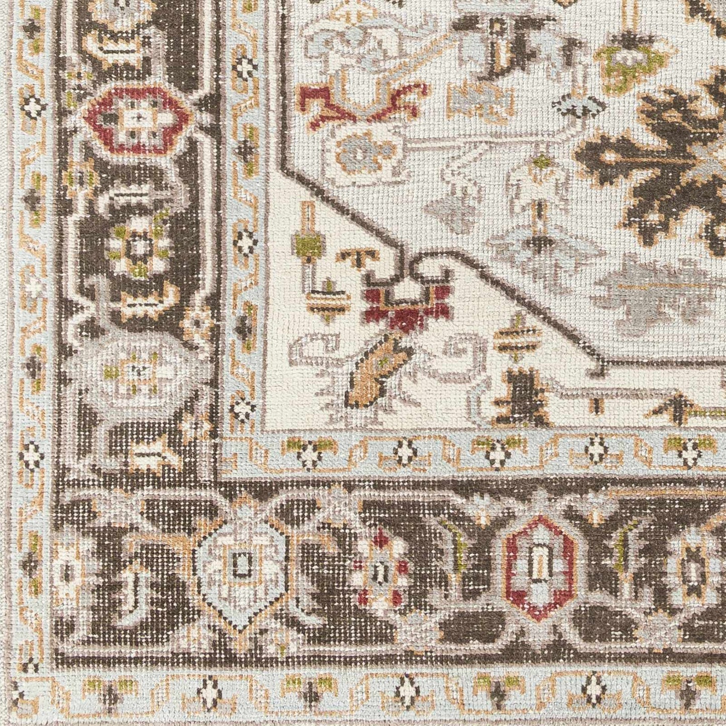 Hauteloom Hinapalanan Recycled Material Area Rug - Medallion Border Floral Geometric Distressed - Traditional Oriental Transitional - Medium Gray, Light Gray, Charcoal, Cream, Brown - 2' x 3'