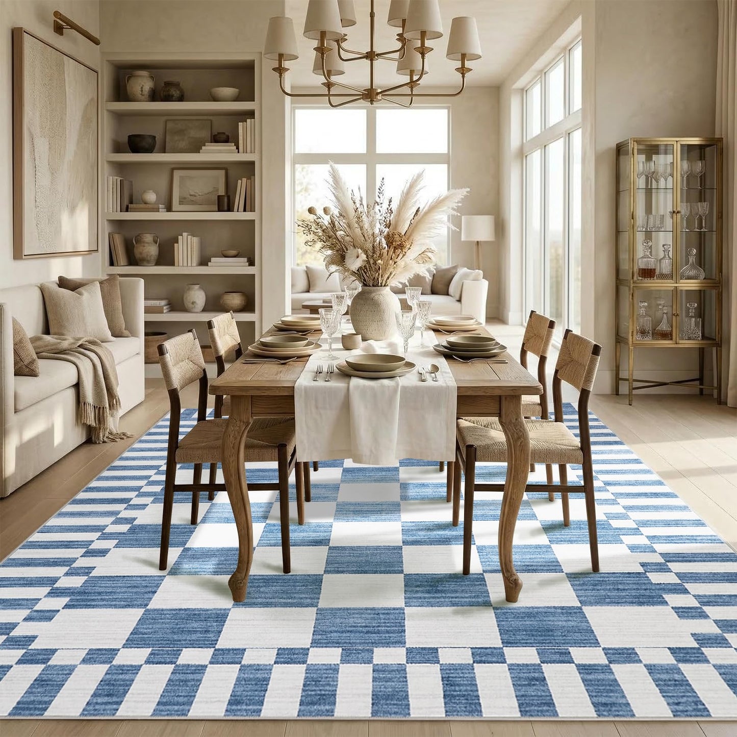 GarveeHome Dark Blue Checkered Rug 5×7 Area Rugs for Living Room，Non-Slip Washable Rug Soft Low-Pile, Neutral Modern Farmhouse Geometric Rugs for Bedroom Dining Room Office