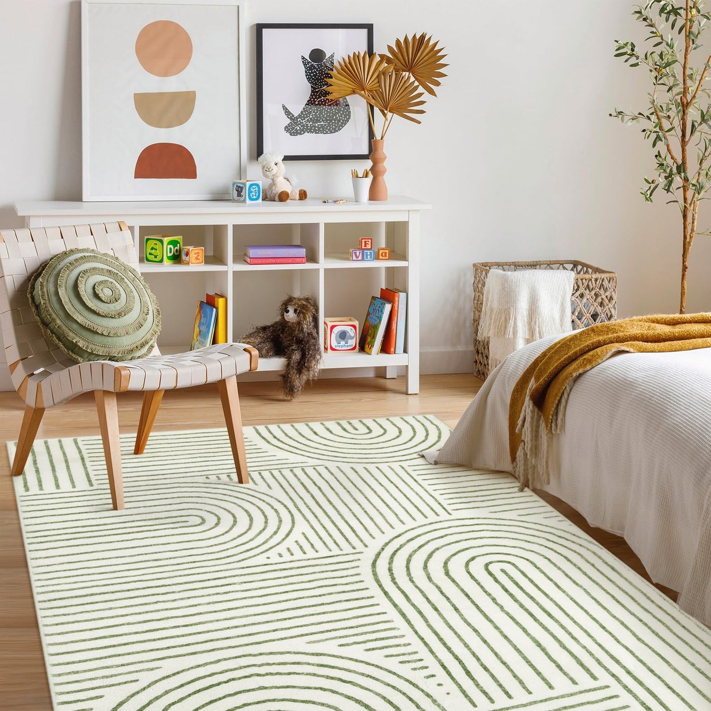 Lahome Abstract Washable Area Rug 5x7, Soft Bedroom Rug Ultra-Thin Non Slip Green Rugs for Living Room, Modern Accent Rug Large Carpet for Dining Room Office Darrell (5'x7',Green)