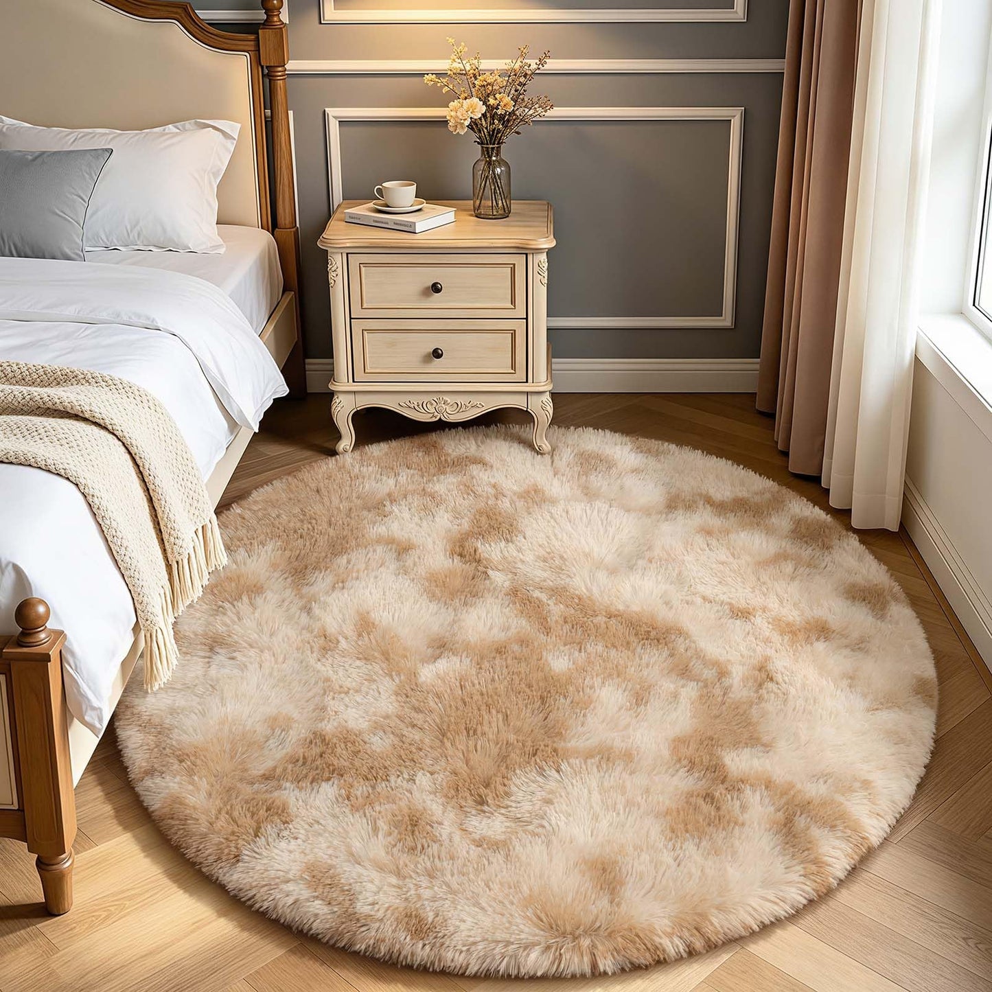 KIXINWA Round Rug for Bedroom, 5x5 Area Rug for Living Room, Fluffy Carpet for Kids Nursery Dorm Room, Soft Shag Non Slip Floor Rugs, Home Décor Carpet, Machine Washable, Tie-Dyed Camel