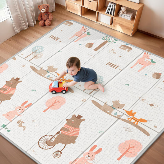 Foldable Baby Play Mat for Floor, PIGLOG 79x71 Extra Large Crawiling Play Mat for Babies, Waterproof & Portable Tummy Time and Non-Toxic Soft Foam Playmat for Infants, Toddlers, Bear