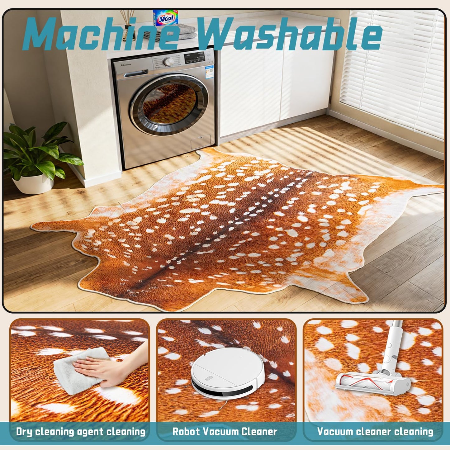 YulyreZome Deer Rug Faux Fur Deer Print Rug, 4.6x5.2 Feet Irregular Shaped Animal Hide Rugs, Soft Faux Cashmere Antelope Fawn Carpet for Living Room, Bedroom, Cabin, Lodge Western Home Decor
