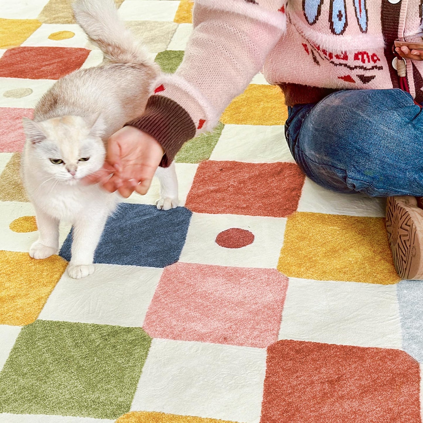 jinchan Macy 5x7 Area Rug for Kids Room Modern Colorful Nursery Rug Checkered Diamond Play Mat Washable Soft Non Slip Carpet for Playroom Classroom Bedroom Dorm Daycare Living Room Circus on Cream