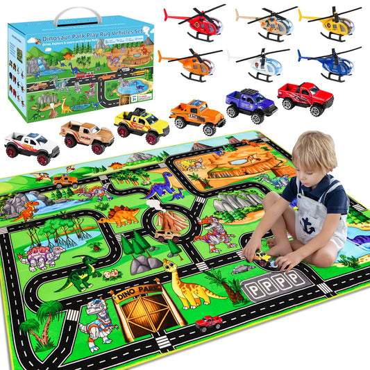 DINSUMRUG Dinosaur Play Rugs Gift Set, Jurassic Car Rug with 12 Metal Vehicles (6 Helicopters + 6 Pickup Trucks), 59"×39.4" Kids Car Play Mat, Dino Park Adventure Rug for Boys Girls 3-8 Years