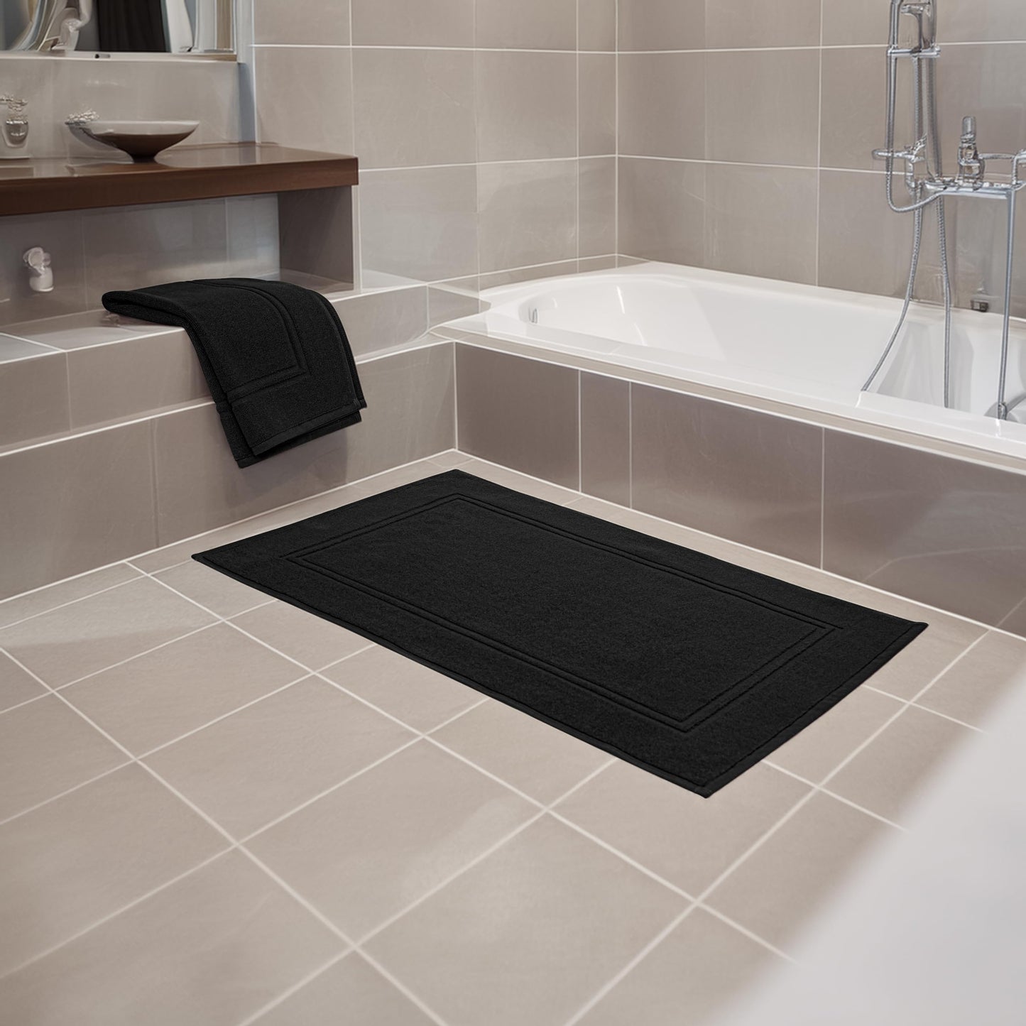 Tens Towels Pack of 2 Bath Mats 100% Cotton, 20 x 32 Inches, Super Absorbent, Hotel Quality Premium Floor Towels, Luxurious, Soft & Quick Dry, Not a Bathroom Rug, Black