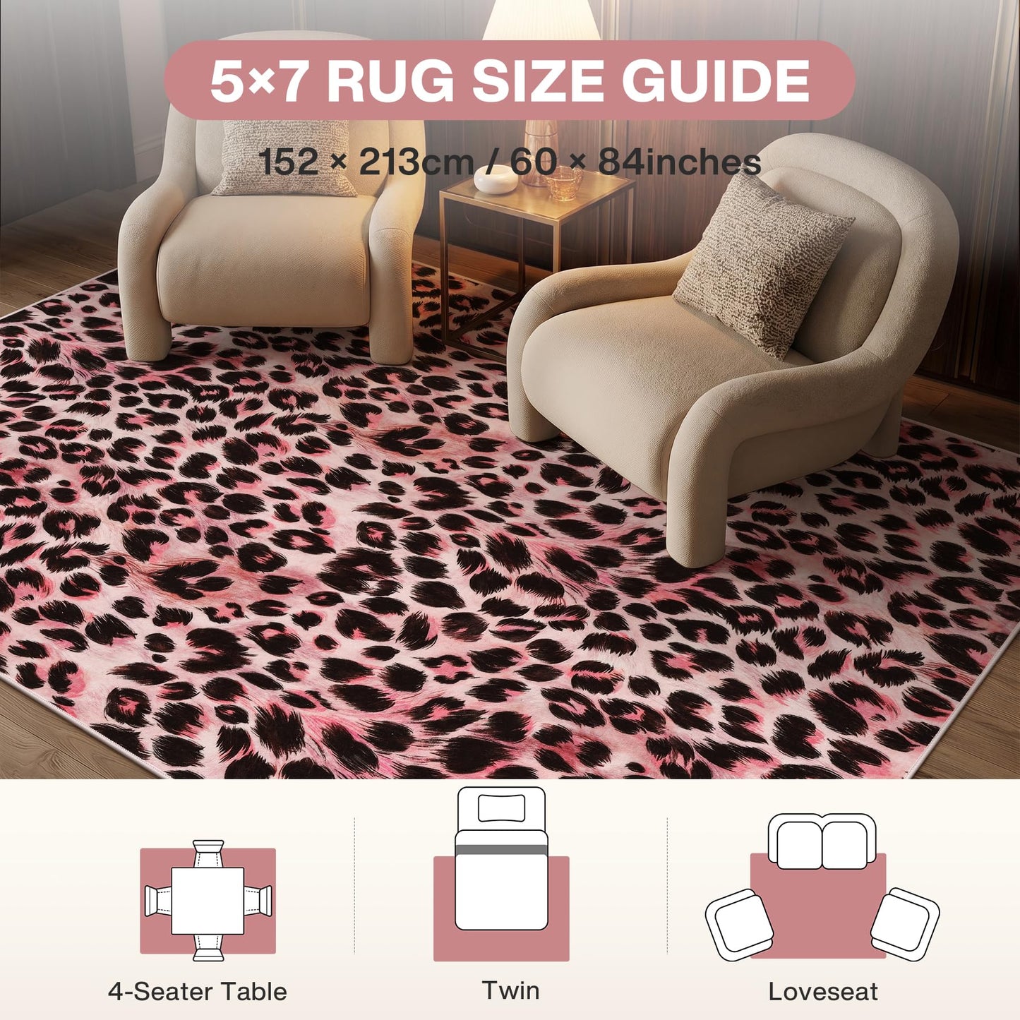 5x7 Leopard Area Rugs for Living Room, Machine Washable Cheetah Rug for Bedroom, Animal Rug Foldable Ultra-Thin Indoor Non-Slip Carpet for Dining Room Foyer Apartment Den, Pink, Oeko-TEX Certified