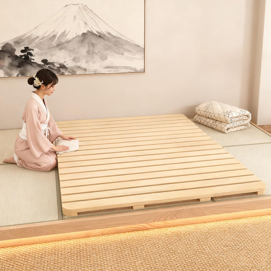 RAUMPA Japanese Floor Low Profile Platform Bed Frame Full Size, Knot-Free Wood Slatted Tatami Mattress Pallet Mat, Minimalist Zen Style to Ground No Legs Foldable Roll Portable