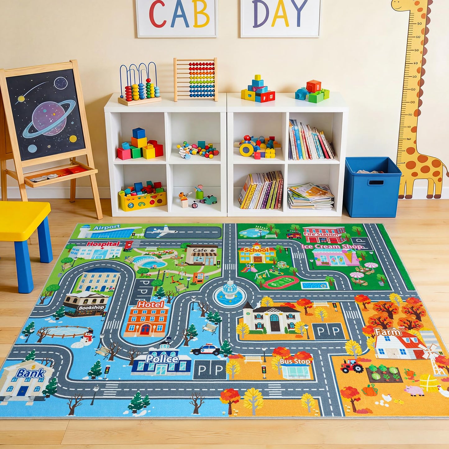 Car Rug Play Mat for Kids Toy Cars, 5' x 7' Town City Track Road Carpet, Non-Slip Machine Washable Town City Track Road Rugs Four Seasons Theme Traffic Mat for Kids Room Bedroom Game Safe Area