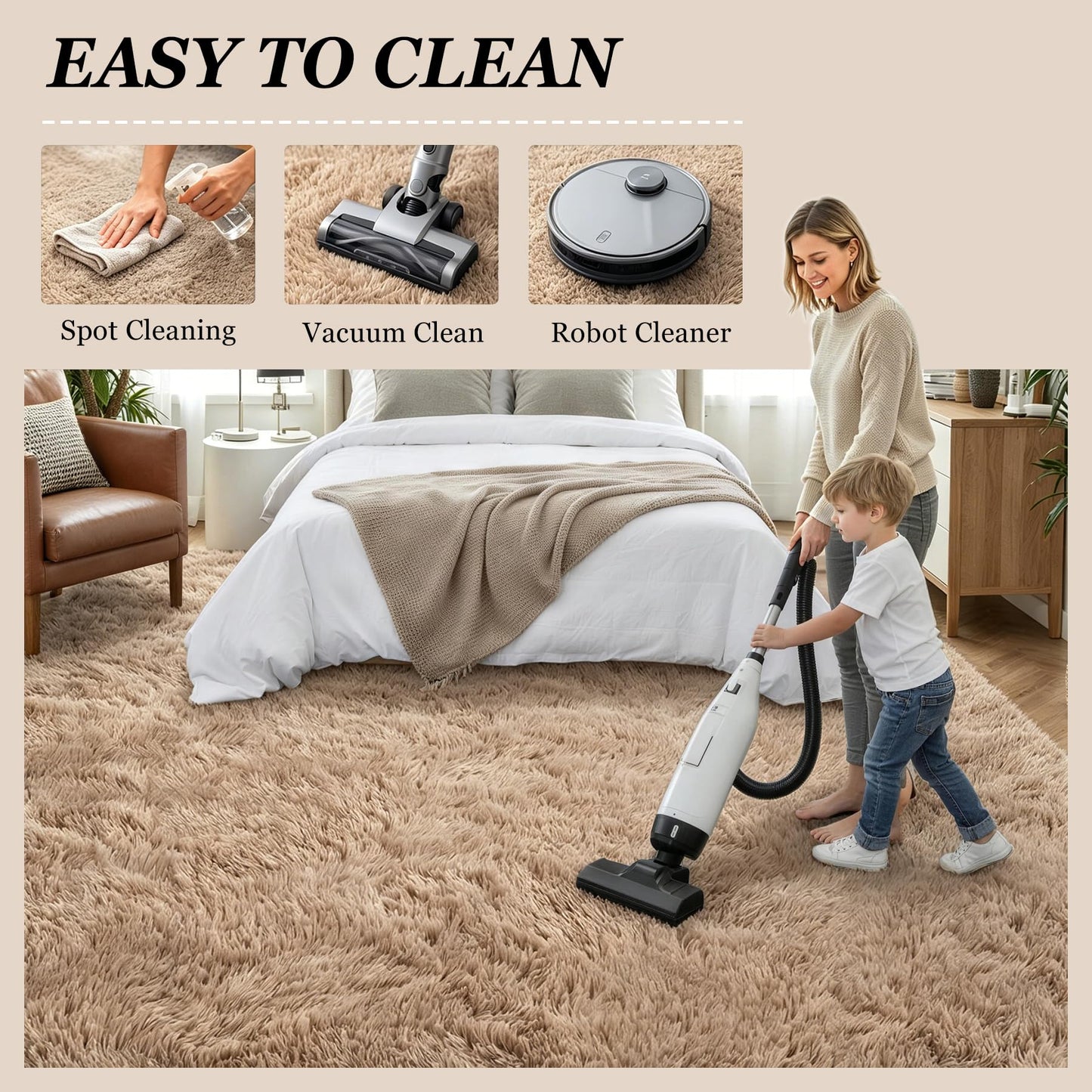 8x10 Area Rugs for Living Room Bedroom: Ultra Soft Fluffy Shag Rug Upgrade Non-Slip Non-Shedding Large Fuzzy Plush Carpet Indoor Floor Carpets for Kids Room Playroom Nursery Dorms Home Decor Beige