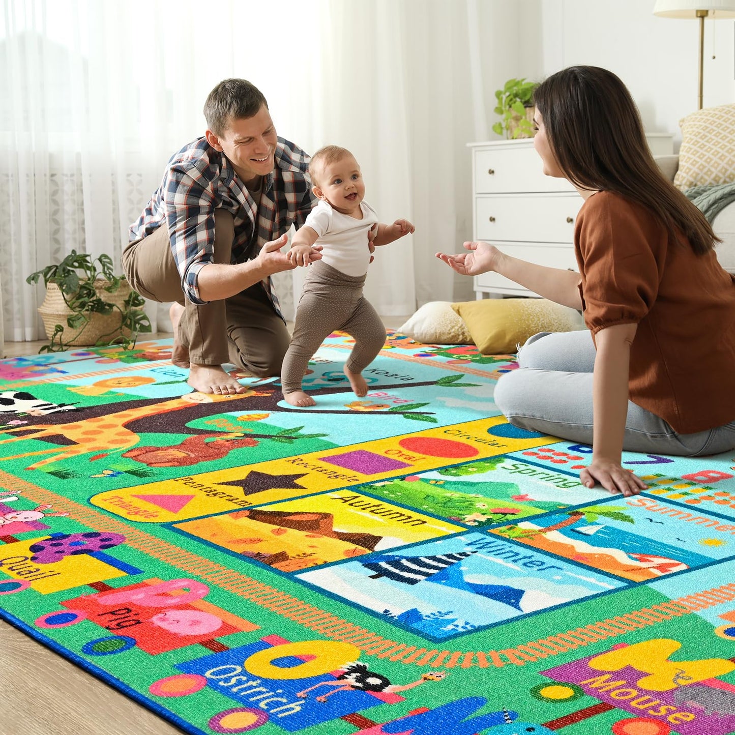 Zedrew Kids Rug for Playroom, 4x6 ABC Educational Carpet for Classroom, Fun Alphabet Area Rugs for Learn Numbers Season Animal Weather and Shapes Playmat for Girls Boys Room Nursery Decor