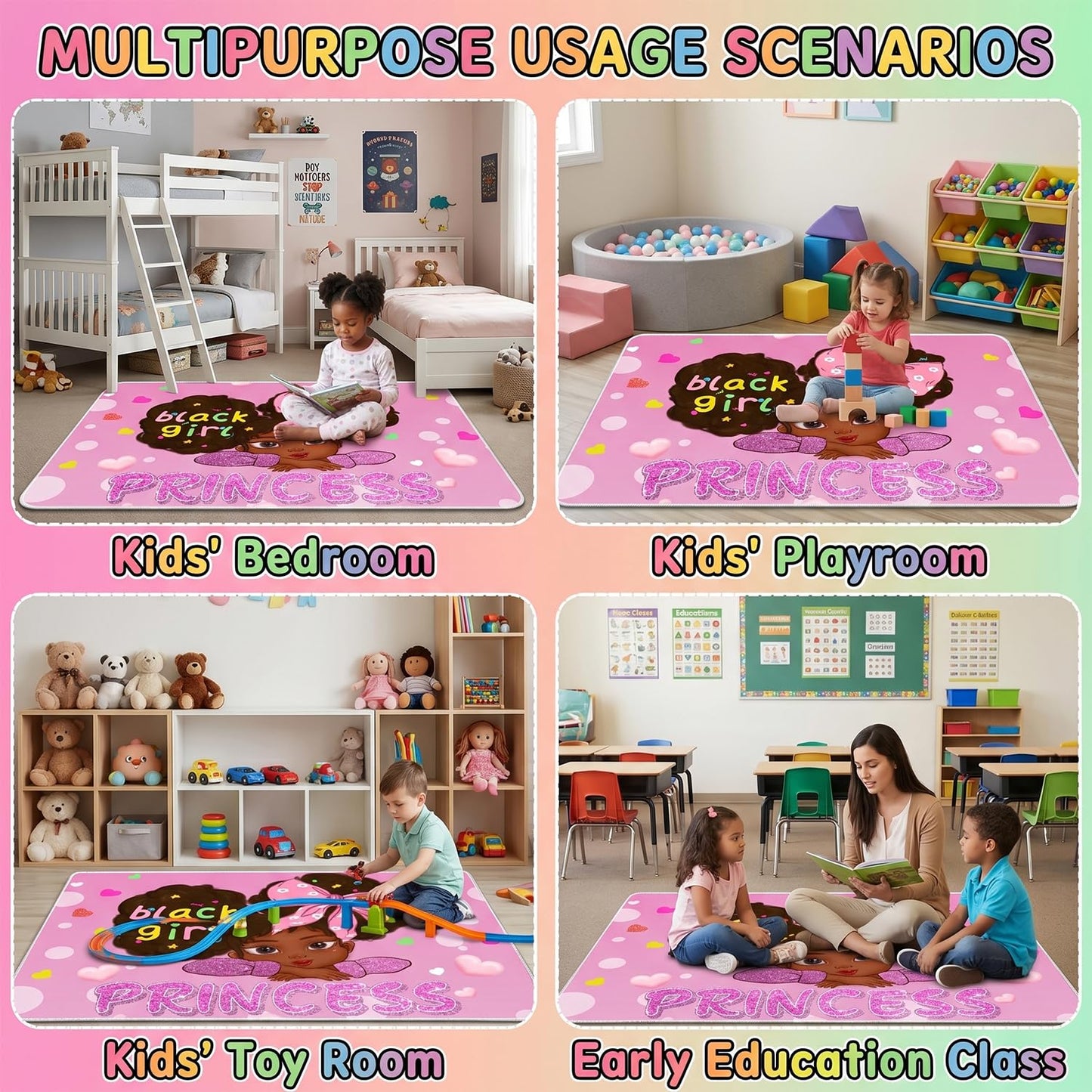 African American Rugs for Girls Black Girls Room Decor Rugs Princess Room DecorCarpet for Kids Bedroom Kids Carpet for Bedroom Teen Living Room Soft Floor Mats, Pink, 2'6''×4'