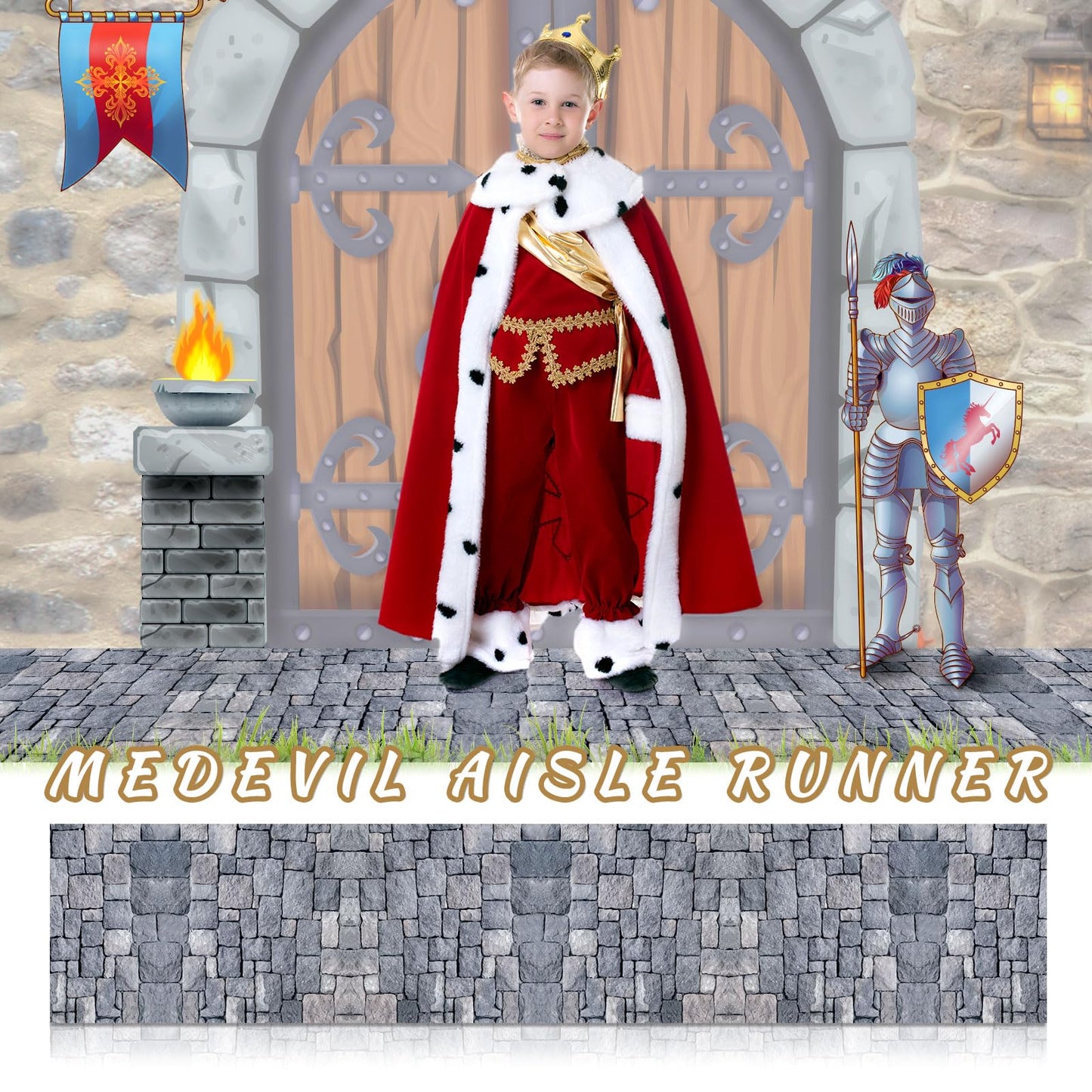 Fabbay 4 Pack 10ft Cobblestone Aisle Runners Medieval Party Decorations Polyester Brick Stone Printed Floor Runners for Medieval Castle Knight Themed Party Supplies Castle Table Cover