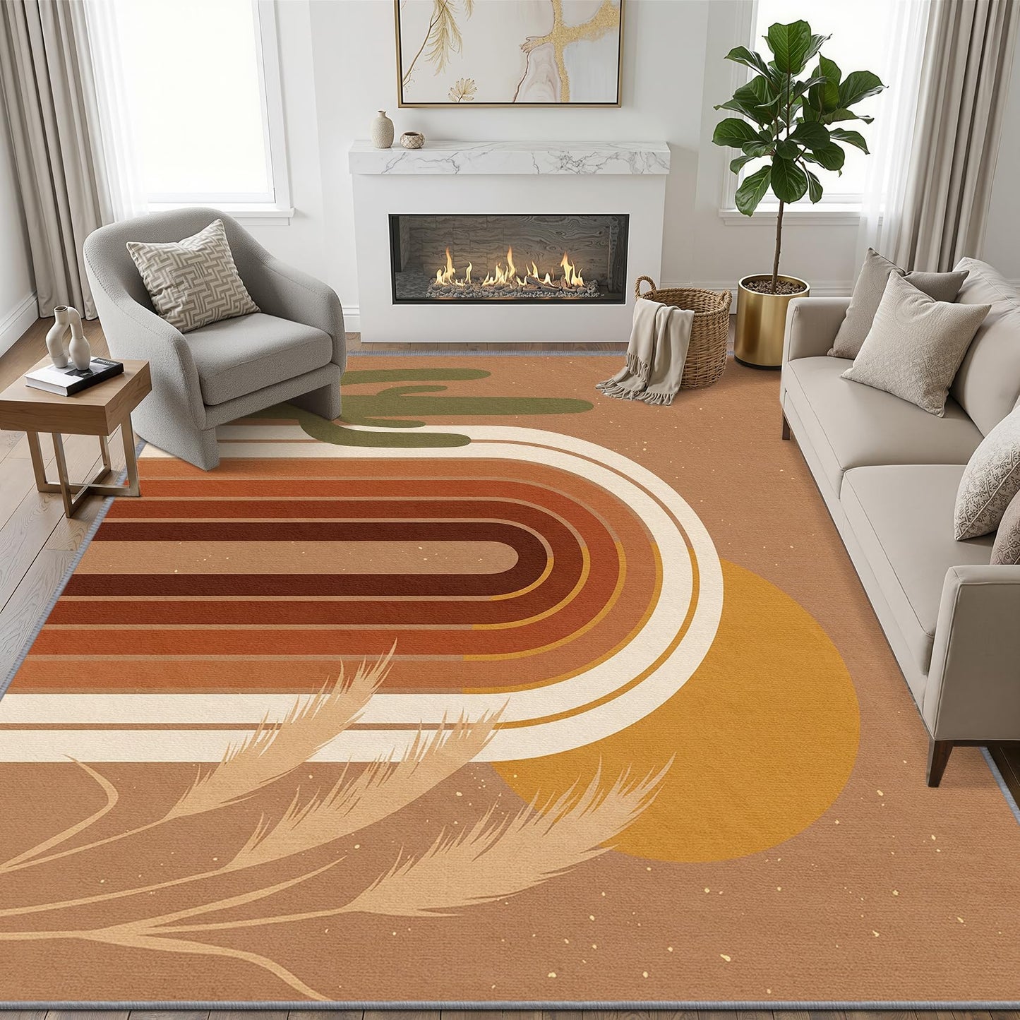 Phtbz Mid Century Rugs 8x10-7x10 ft, Abstract Rug, Modern Geometric Cactus Area Rugs for Living Room Bedroom, Boho Earth Tone Sun Rainbow Washable Rug Non-Slip Carpet, Mid Century Home Decor & Gifts