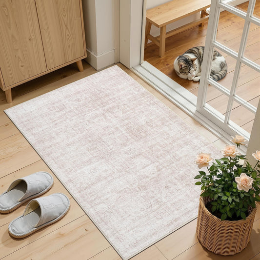 Washable Area Rugs for Living Room - Non-Slip Faux Wool Retro Rug for Bedroom Dinning Room - Low Pile Vintage Stain Resistant Floor Carpet for Home Office Décor