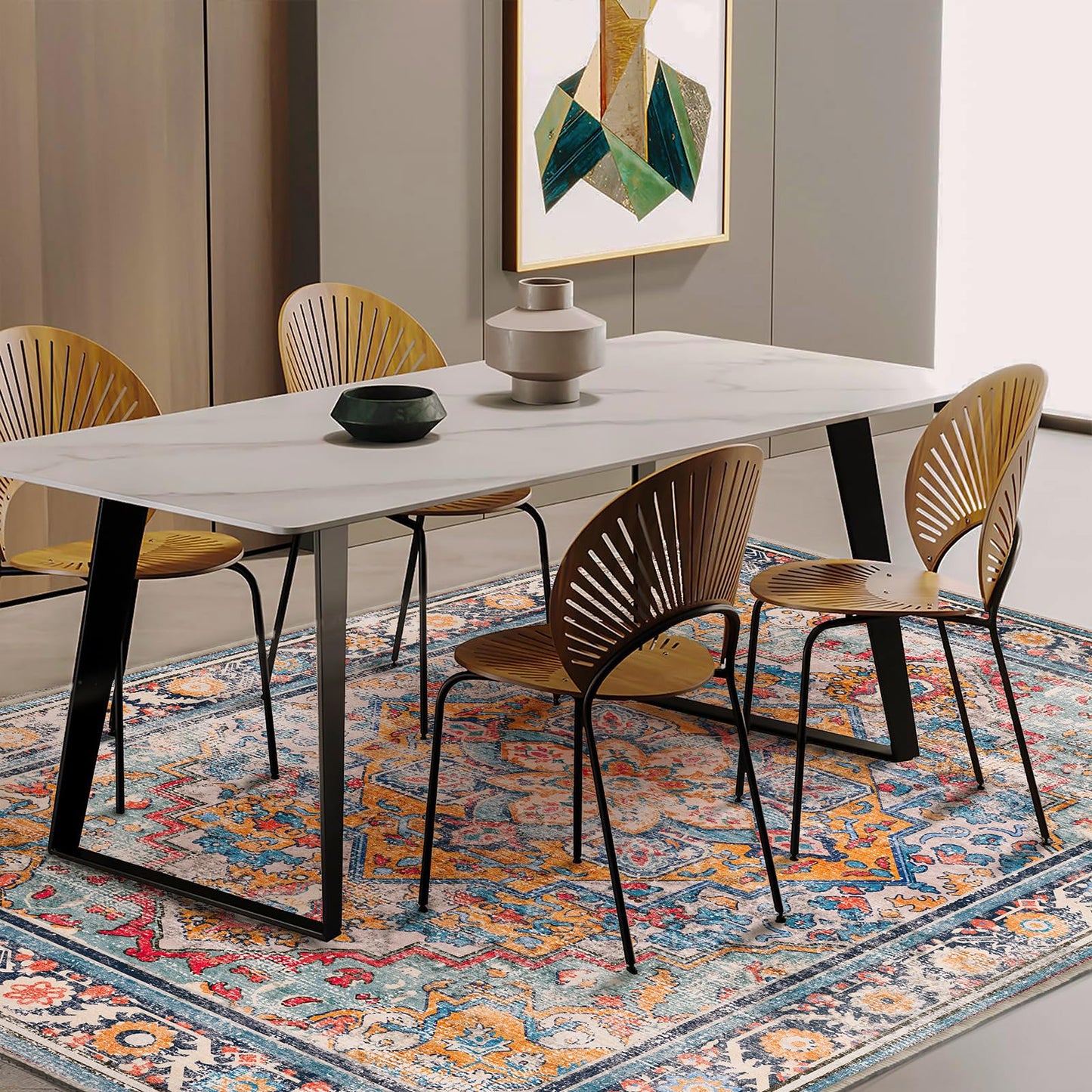 CHAMPLANT Washable Area Rug 5'x7' Retro Boho Chic Medallion Distressed Design Living Room Indoor Non-Slip Large Oriental Accent Throw Rug for Kitchen Bedroom Office Carpet