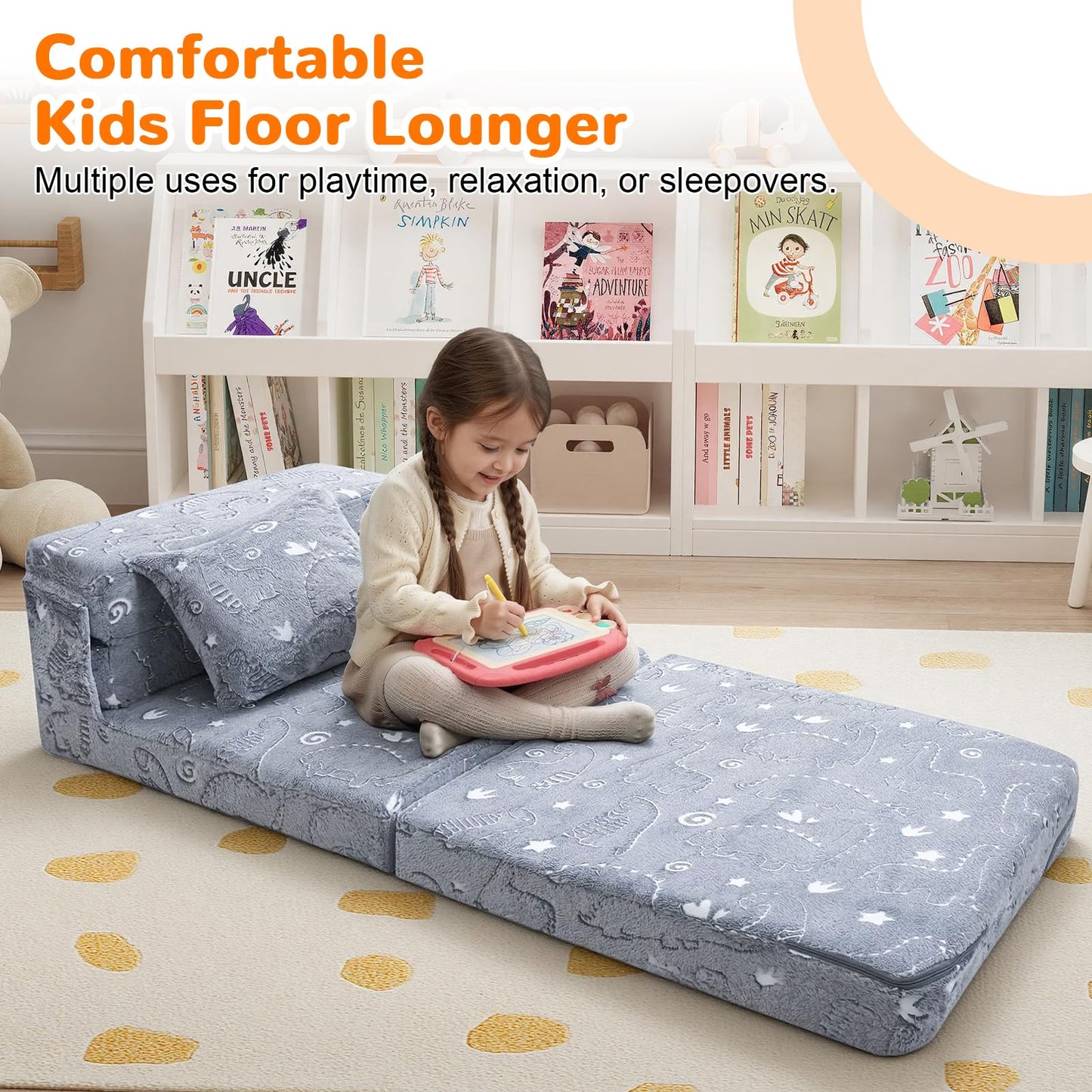 MeMoreCool Kids Floor Mattress Glow in The Dark, Convertible Sofa Couch, Folding Futon Chair Bed for Kids Playroom (Glowing Dinosaur)