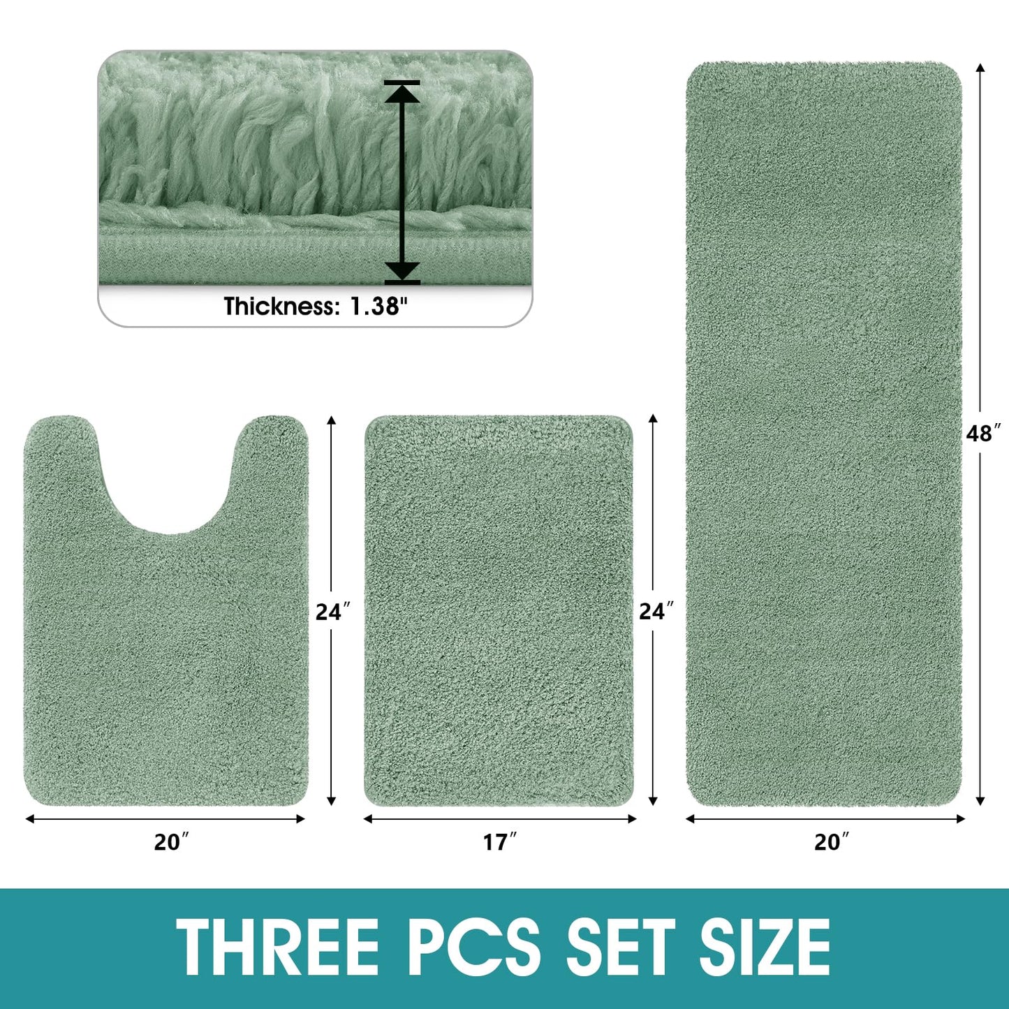 Microfiber Thick Bathroom Rugs Set 3 Piece, Flurry Non Slip Bath Rug, Soft Plush Absorbent Bathroom Mat, Machine Washable Luxury Toilet Rug Set, Bath Mat for Tab, Shower and Bathroom, Sage Green