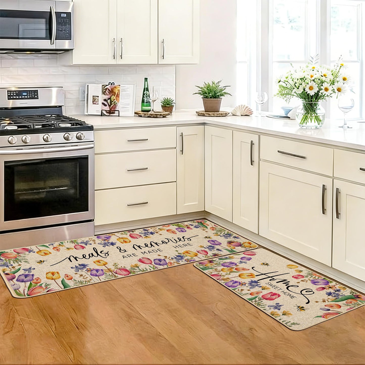 Baccessor Home Sweet Home Kitchen Mats Set of 2, Summer Floral Tulip Kitchen Rugs for Floor Spring Non Slip Low-Profile Seasonal Home Decor 17x29 and 17x47 Inch