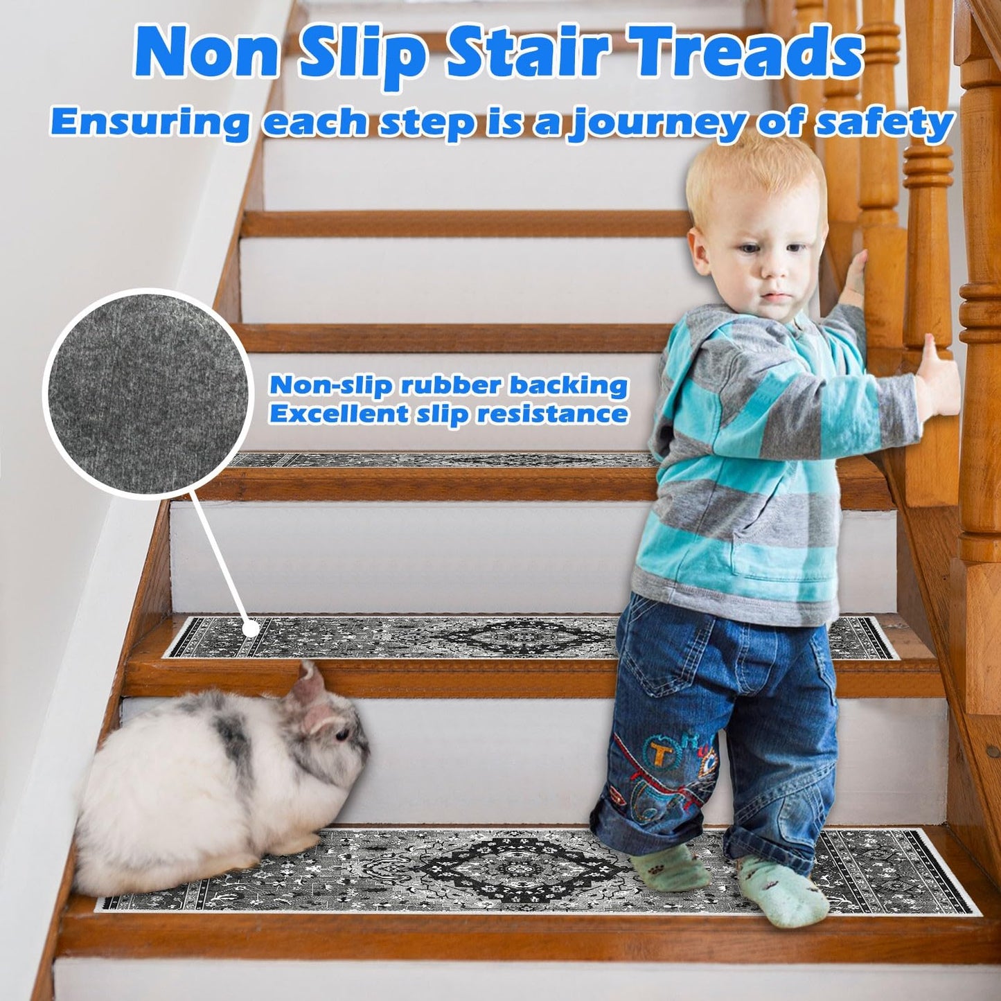 Edging Stair Treads Non-Slip Carpet Mat, 30in X 8in Indoor Stair Runners for Wooden Steps, Rubber Backing Stair Rugs for Kids Elders and Pets(Black/Grey,15PCS)