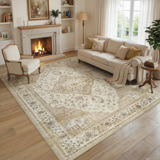 8x10 Area Rugs for Living Room: Washable Rugs Vintage Floral Carpet for Bedroom Office Dining Room Nursery, Non Slip Stain Resistant Soft Thin Retro Neutral Rug, Beige