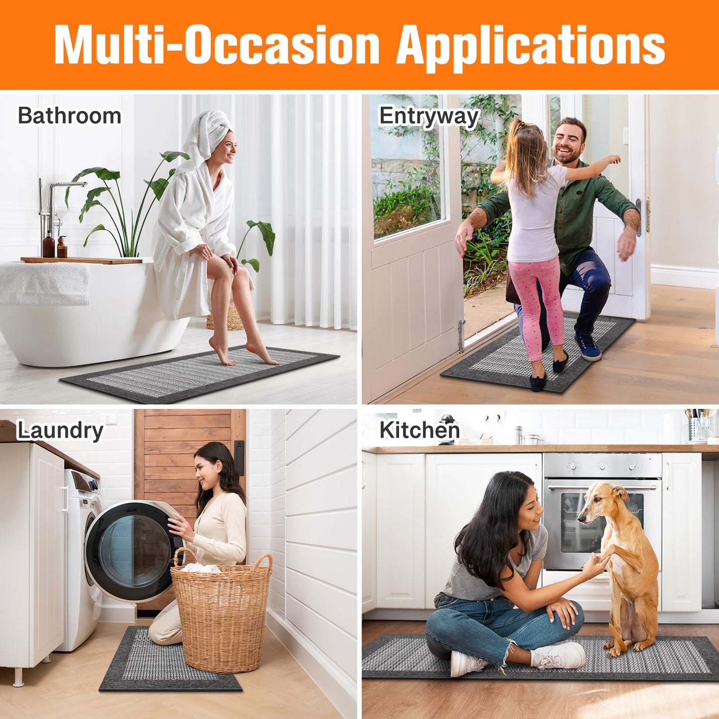 StepRite Kitchen Mats for Floor, Non-Slip Kitchen Rugs Set of 2 PCS, Super Absorbent Washable Kitchen Mats with Rubber Backing, Runner Mats for Front of Sink (20"x32"+20"x47" Grey)