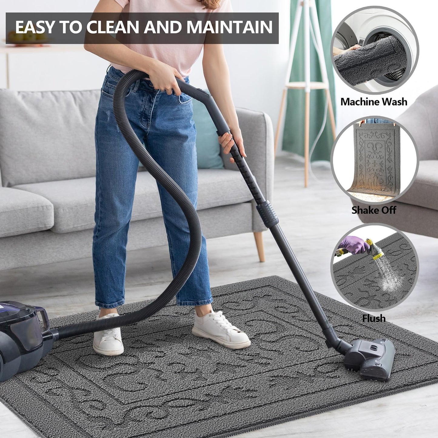 FONEYI Indoor Door Mat for Entryway 24" x 36", Absorbent Dirt Trapper Doormat with Non-Slip Backing, Low Profile Washable Entry Rug for Front Door, Muddy Shoes & Dog Paws, Grey