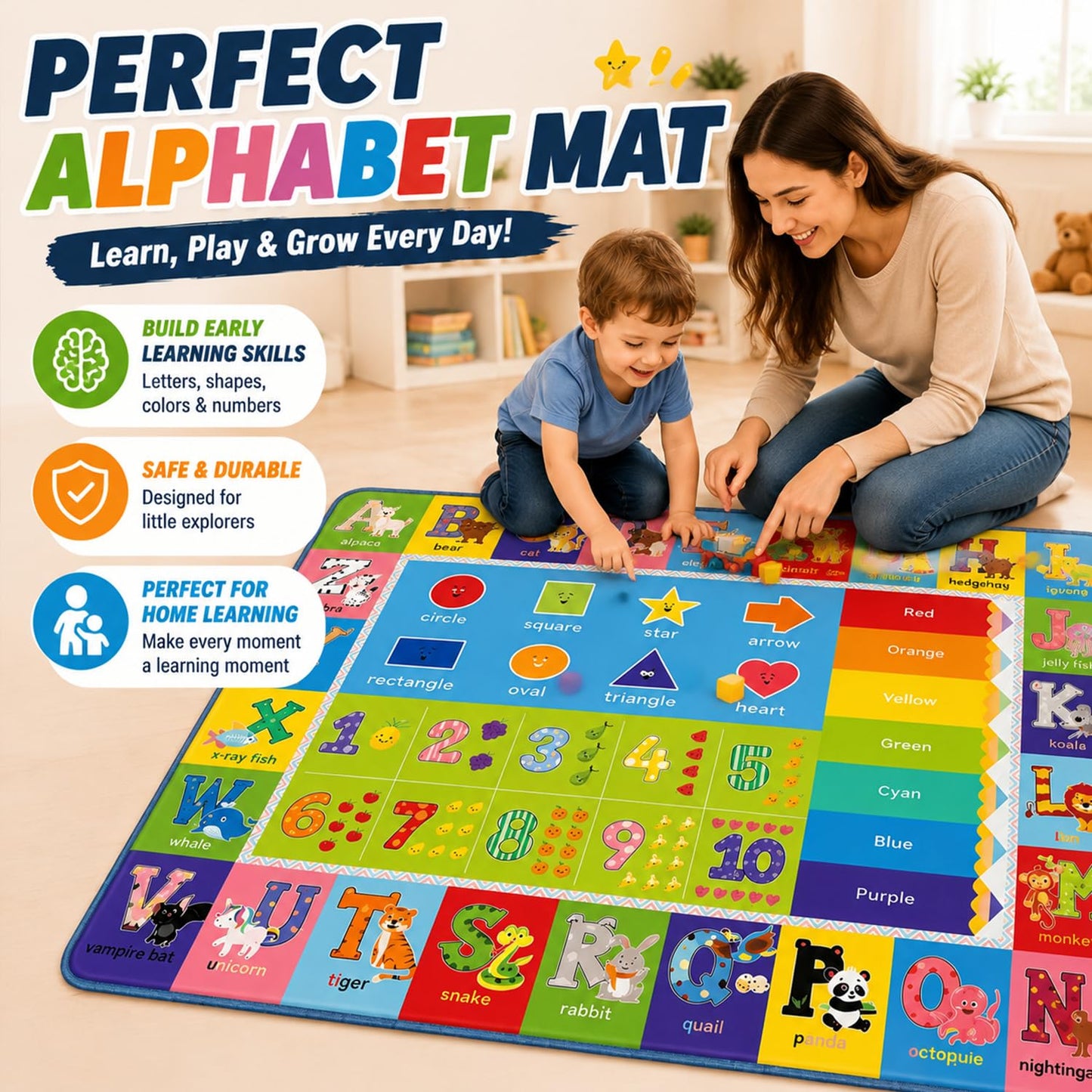 ABC Kids Play Rug, Non-Slip Classroom Carpet, 78.7" x 59"