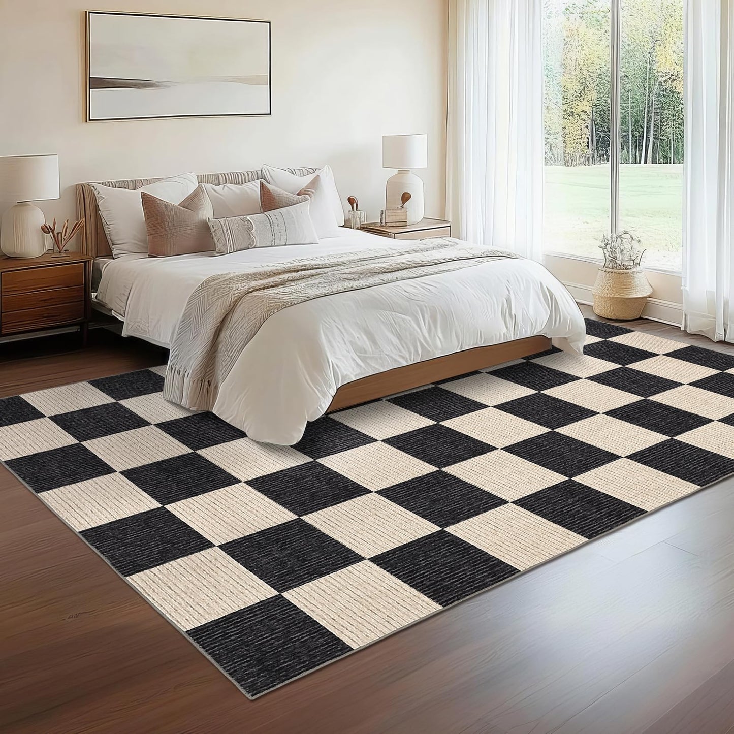 Garvee Modern Checkered Rug 5x7 Area Rugs for Living Room Washable Rugs Bedroom Rug Stain Resistant Non Slip Floor Cover for Dining Room Office Nursery Not Braided, Black