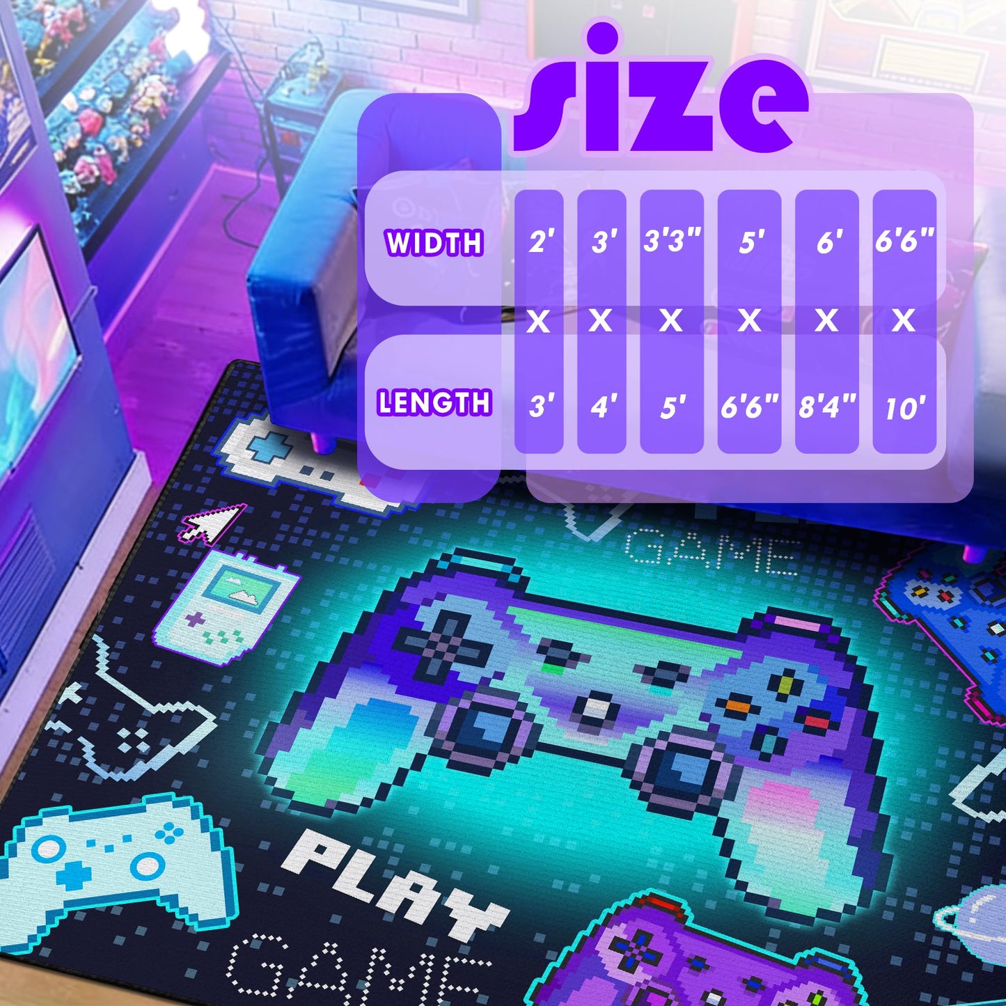 Didswuit Gaming Play Rug for Bedroom, 5'x 6'6" Whimsical Game Controller Mat Pixel Gamepad Carpet for Playroom, Gamer Décor for Game Lover Washable