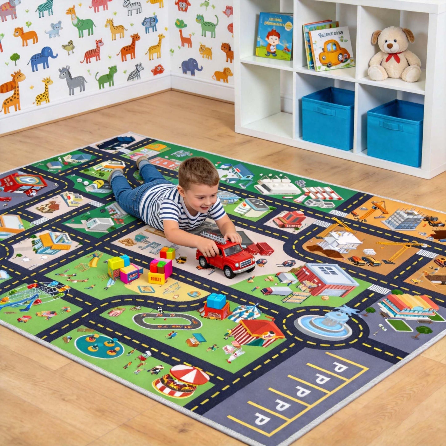 Pyrrhite Kids Rug Playroom Car Play Mat City Life Road Rug for Cars Fun City Map for Track Toys, Carpet for Bedroom Boys (City, 31×47in)
