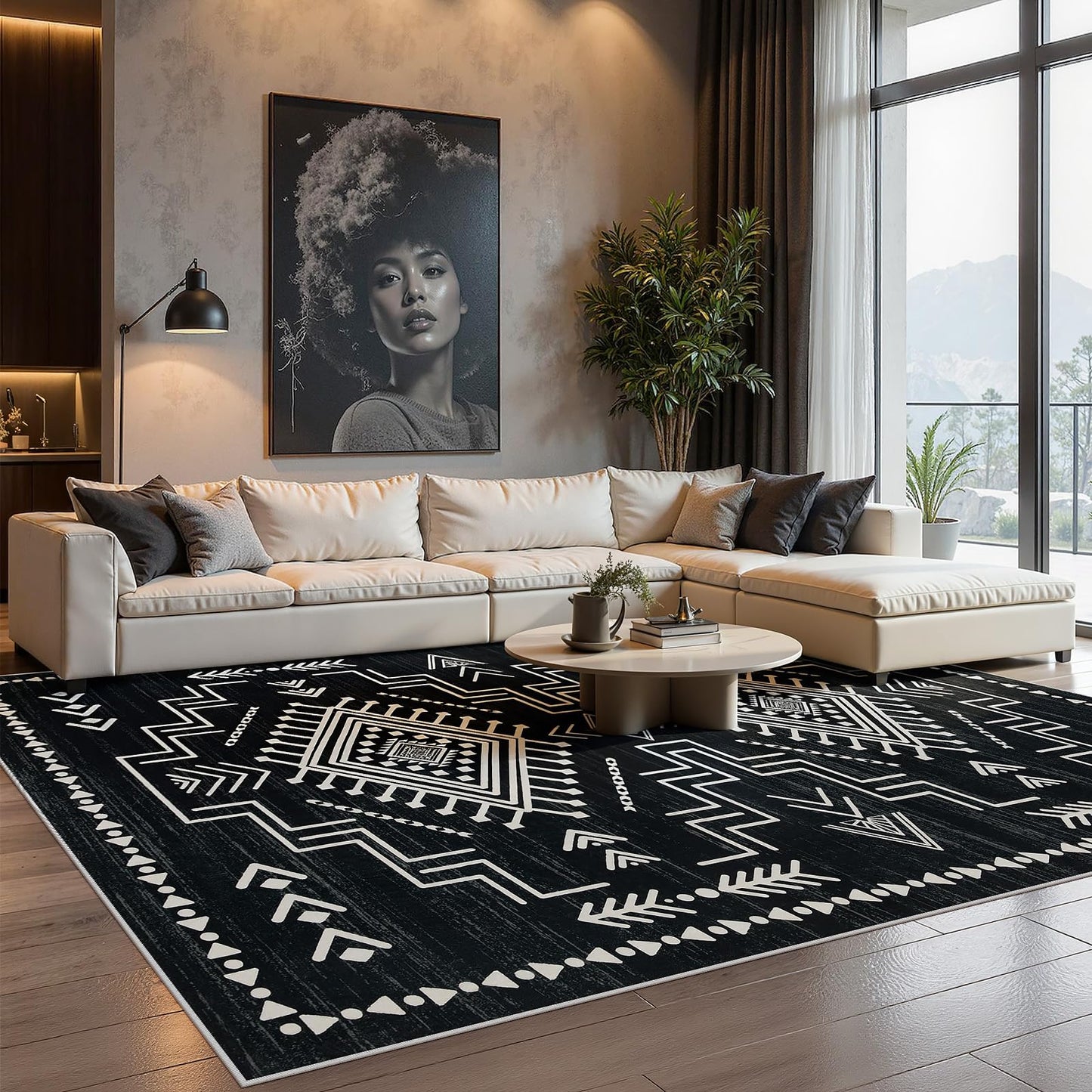 Joydeco Moroccan Black 8x10 Area Rugs for Living Room, Non-Slip Western Large Bedroom Dining Room Rug, Throw Stain Resistant Geometric Aztec Print Modern Soft Carpet for Playroom Office