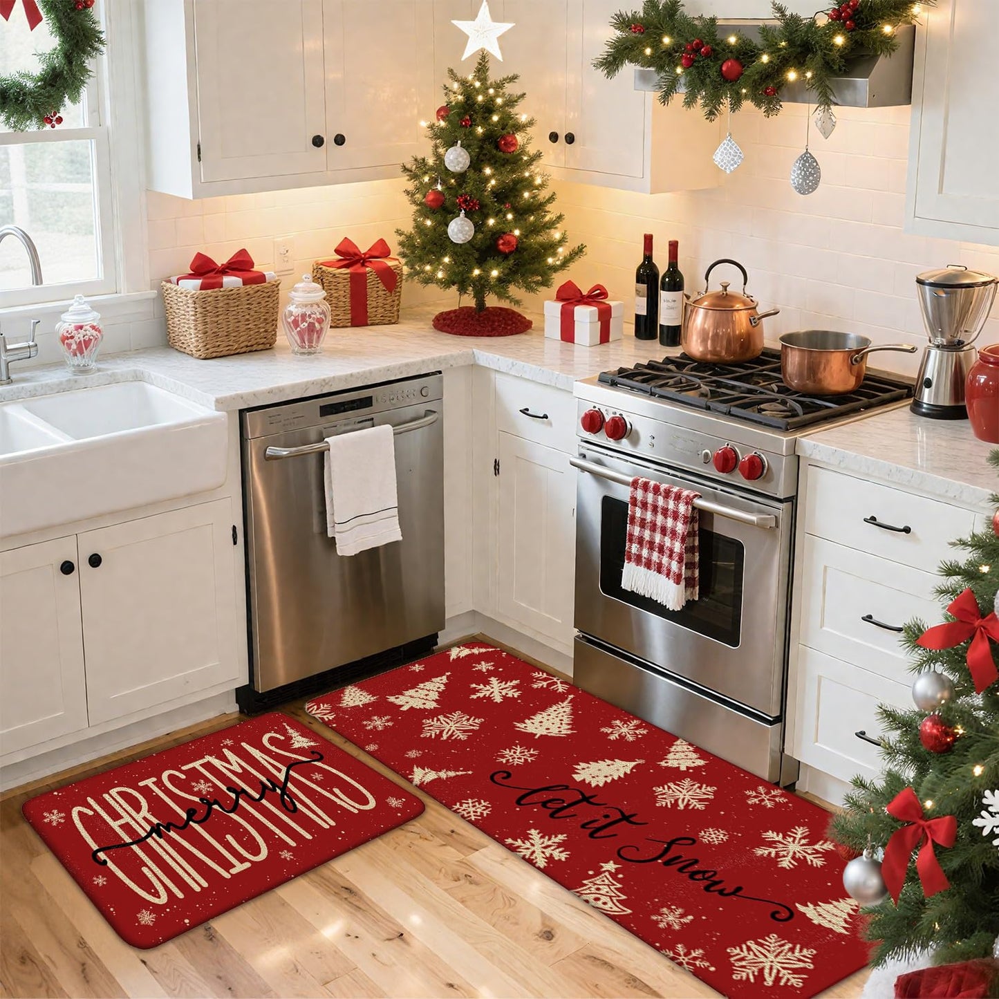 Red Christmas Kitchen Mats Set of 2, Linen Xmas Kitchen Rugs, Merry Christmas & Let It Snow Design, Non-Slip Floor Mats for Kitchen, Entryway Christmas Decor 17x30+17x47 Inch