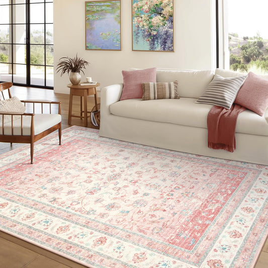 LIVEBOX Pink Area Rug 5x7, Washable Living Room Rug, Pink Rugs for Bedroom Girls, Non Slip Vintage Floral Area Rugs, Low Pile Stain Resistant Carpet for Dining Room Nursery Home Decor