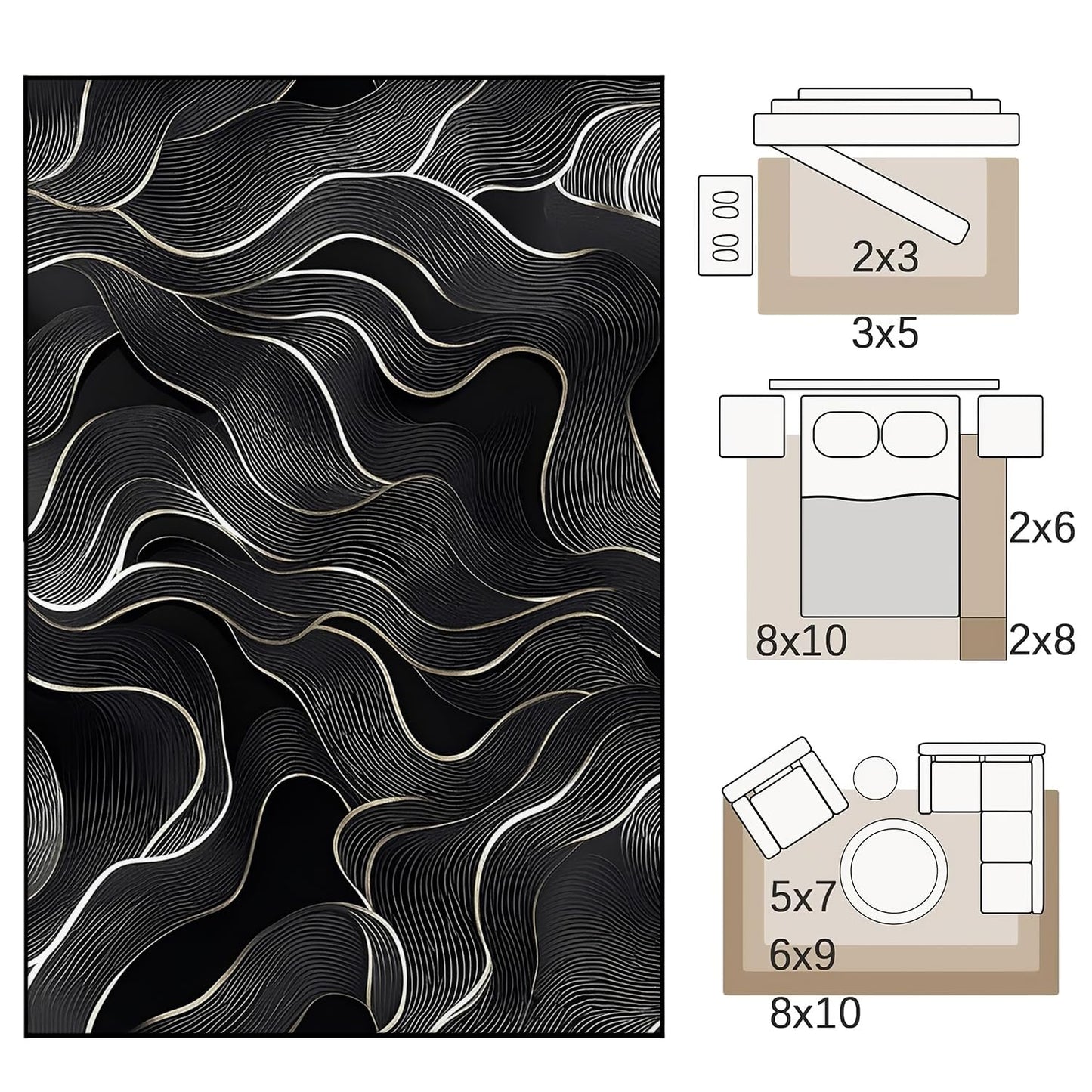 8x10 Area Rug Black White Modern Rug for Living Room Indoor Machine Washable Abstract Rugs for Bedroom Ultra Soft Dining Room Large Carpet Non-Slip Non-Shedding Throw Rug for Home Office