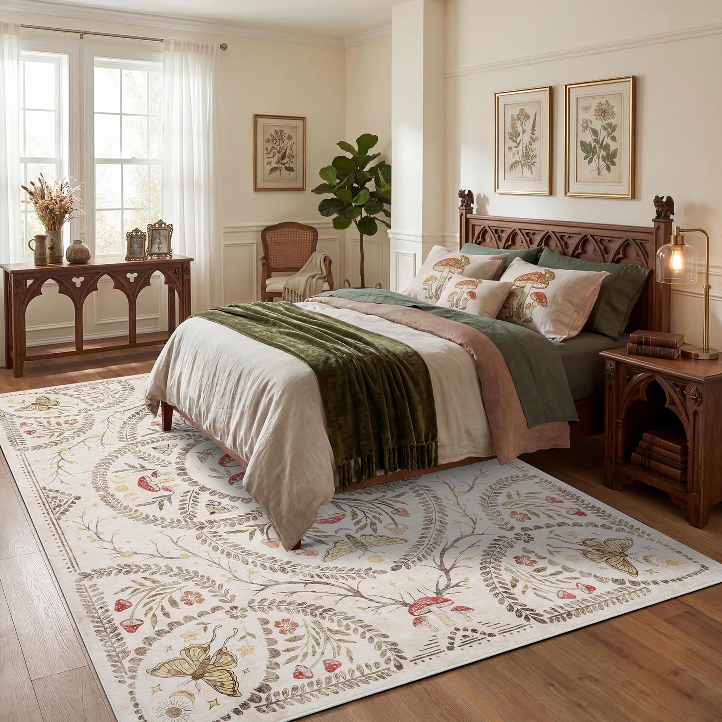 Garvee Mushroom 8x10 Area Rugs for Living Room, Dark Academia Gothic Rug, Non Slip Animal Print Washable Rugs 8x10 Low Pile Bedroom Decor Bug Carpet with Rubber for Dining Room Playroom Office, Beige