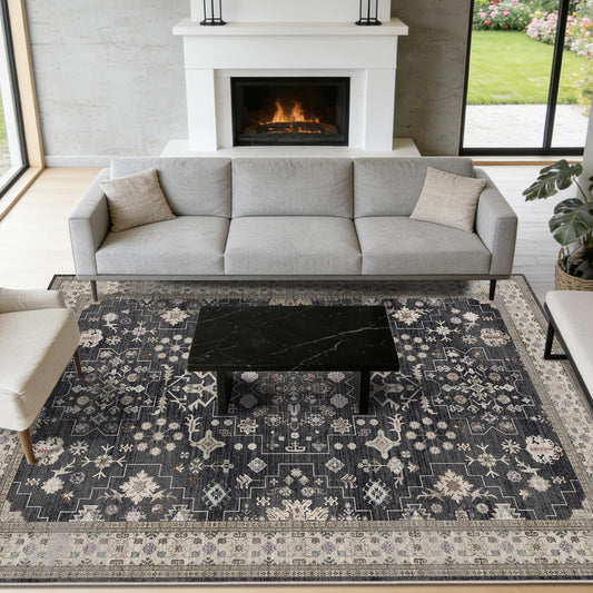 shinefly Area Rugs for Living Room 5x7, Stain Resistant Non-Slip Washable Bedroom Rug, Soft Vintage Boho Rug for Dining Room Kitchen Playroom (Charcoal Blush Ivory)