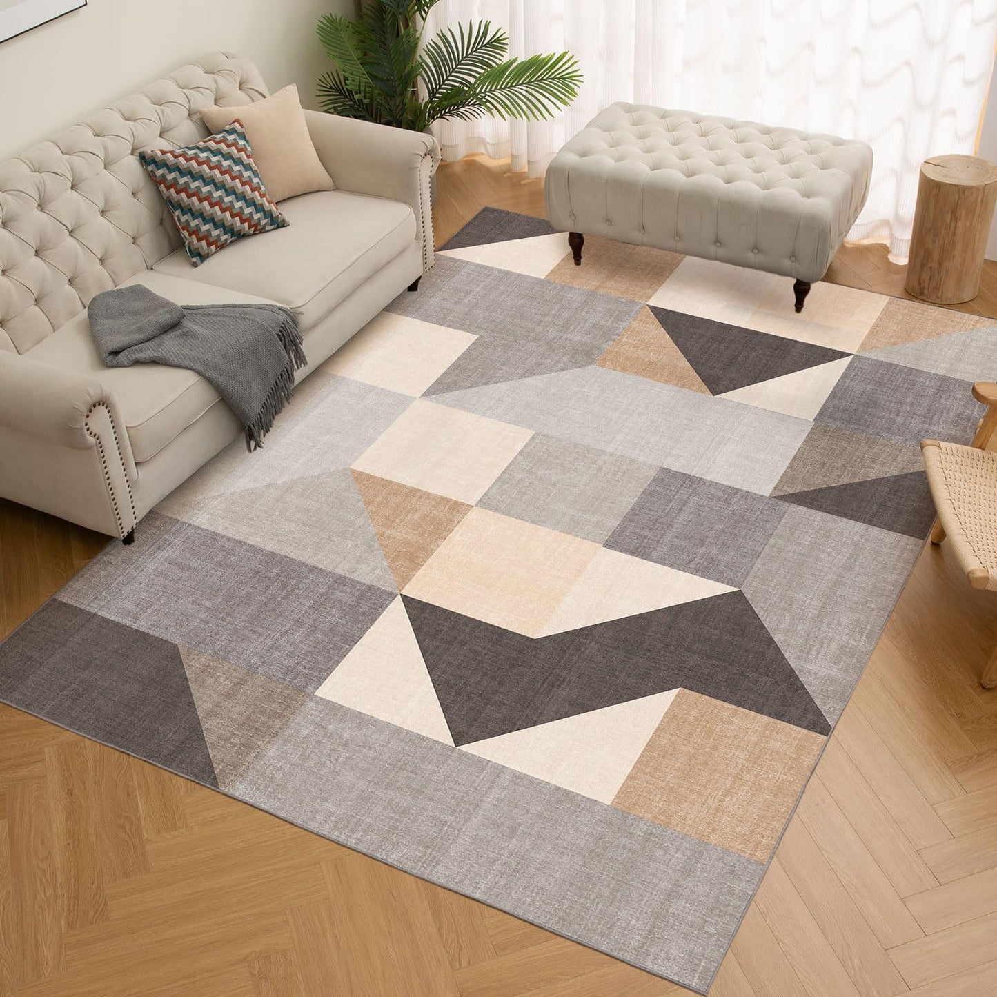 HOMFINE Washable Area Rug - Geometry Style Modern Rugs for Living Room, Bedroom, Machine Washable Rug Soft Non Slip Non Shedding Area Rug - Grey Brown, 6'x9'