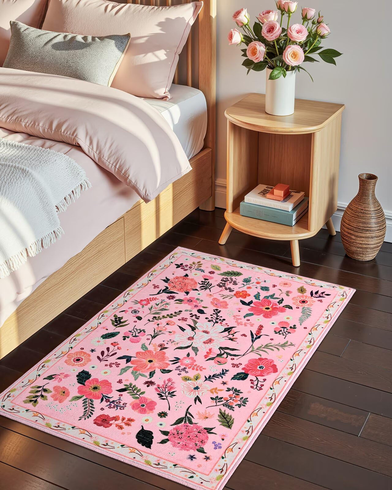 Macgace 2x3 Pink Floral Rug for Entryway, Flowers Printed Washable Small Rugs with Non Slip Backing for Girls Bedroom Kitchen, Cute Throw Carpet Front Door Entry Decor
