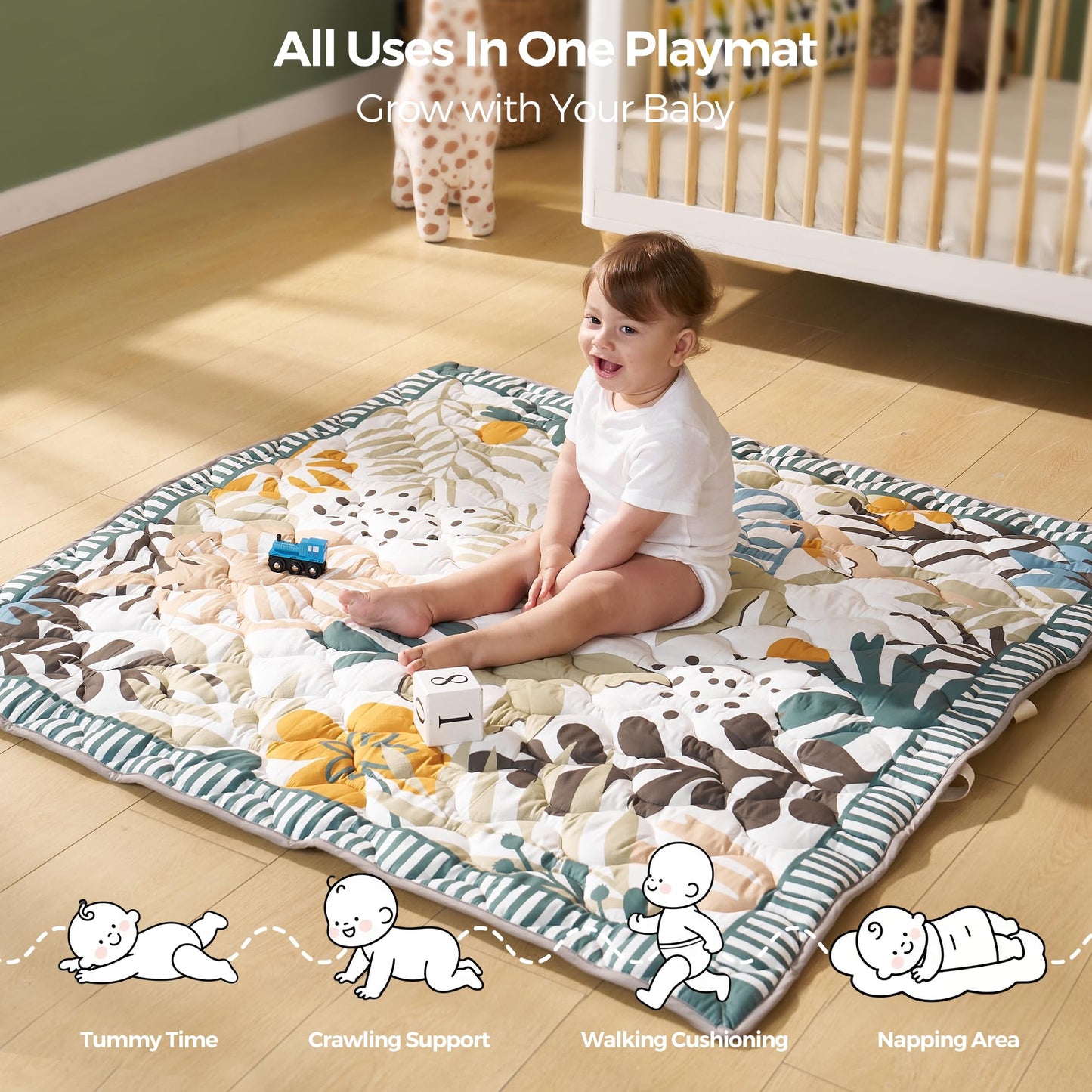 Momcozy Baby Play Mat for Floor, 50"x50" Thickened Playpen Mat, Playmate for Baby Tummy Time, Waterproof & Non-Slip, Foldable Outdoor Mat with Carrying Handle, Forest World
