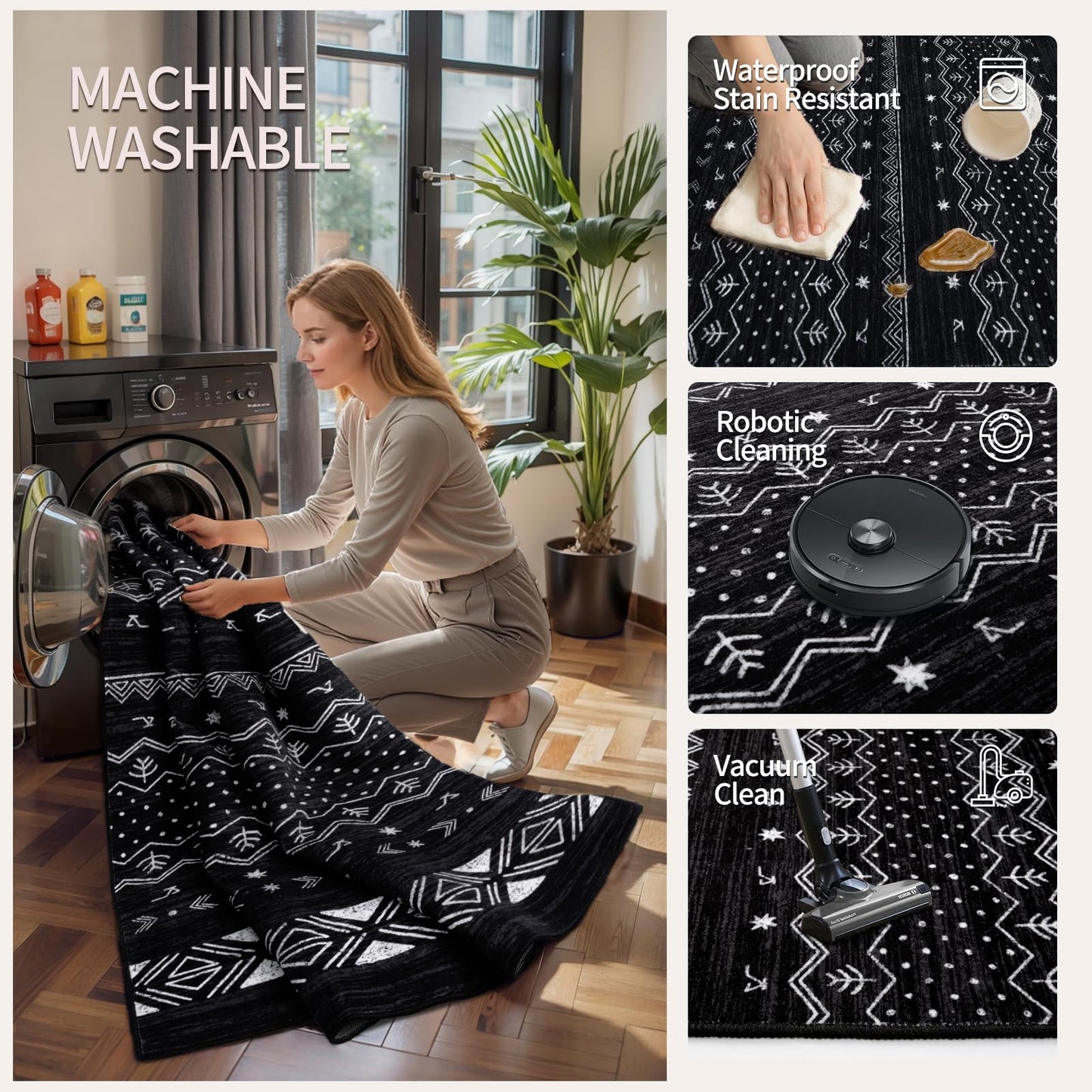 SERISSA 2x3 Rugs for Entryway, Washable Non-Slip Black and White Small Area Rug, Soft Low-Pile Boho Geometric Indoor Entry Rug Door Mat Indoor Entrance Front Door Carpet for Bathroom Kitchen Bedroom